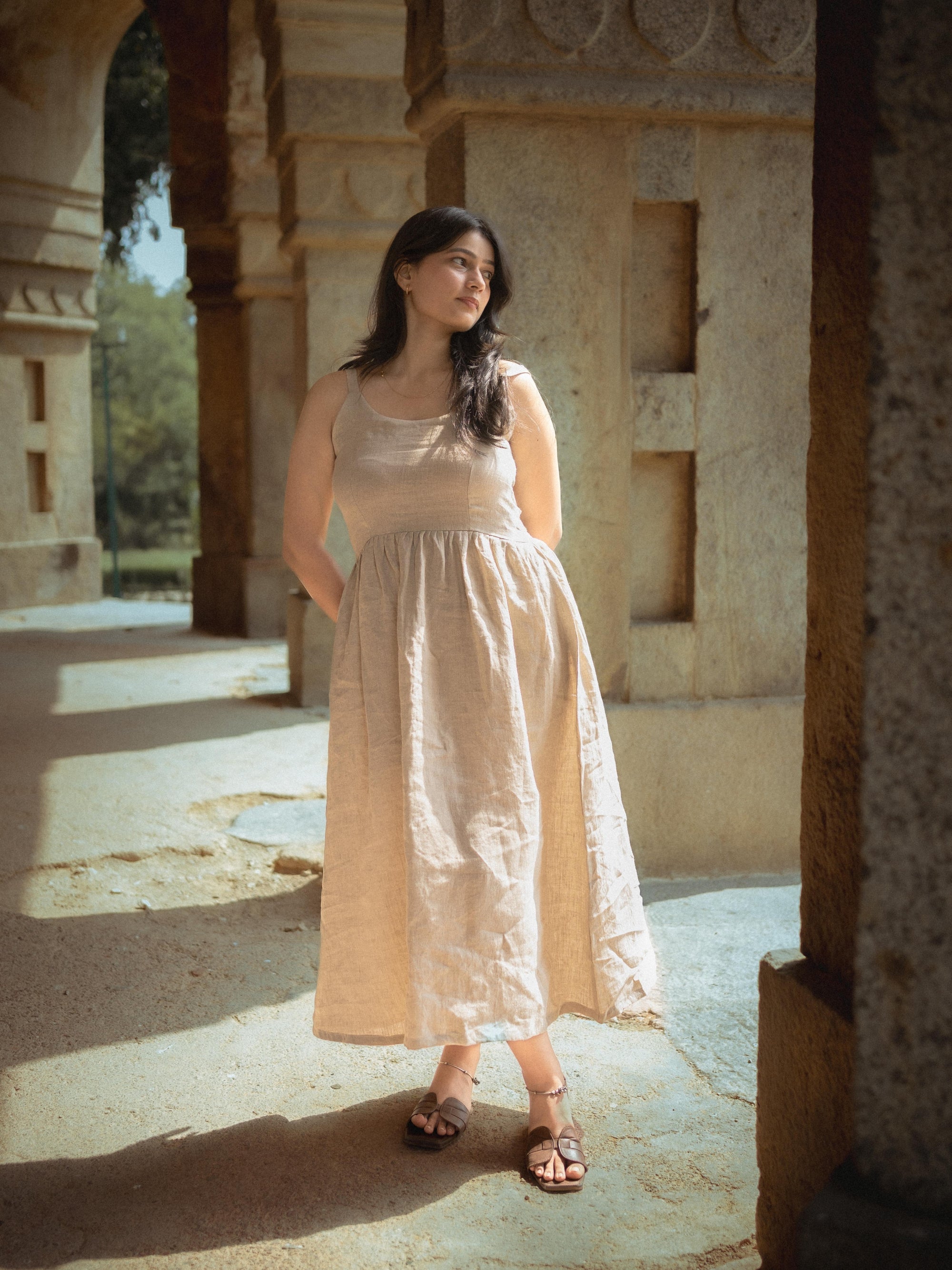 Beige Pure Linen Sleeveless Maxi Dress – Effortless Everyday Classic