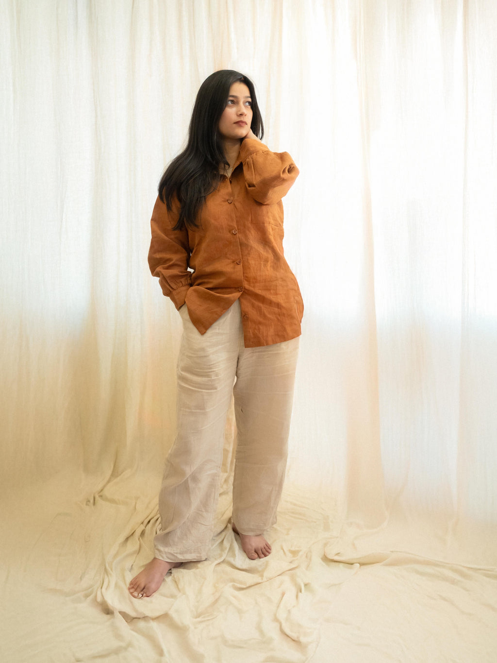 Saddle Brown Linen Shirt – Classic Button Down with Puffed Sleeves