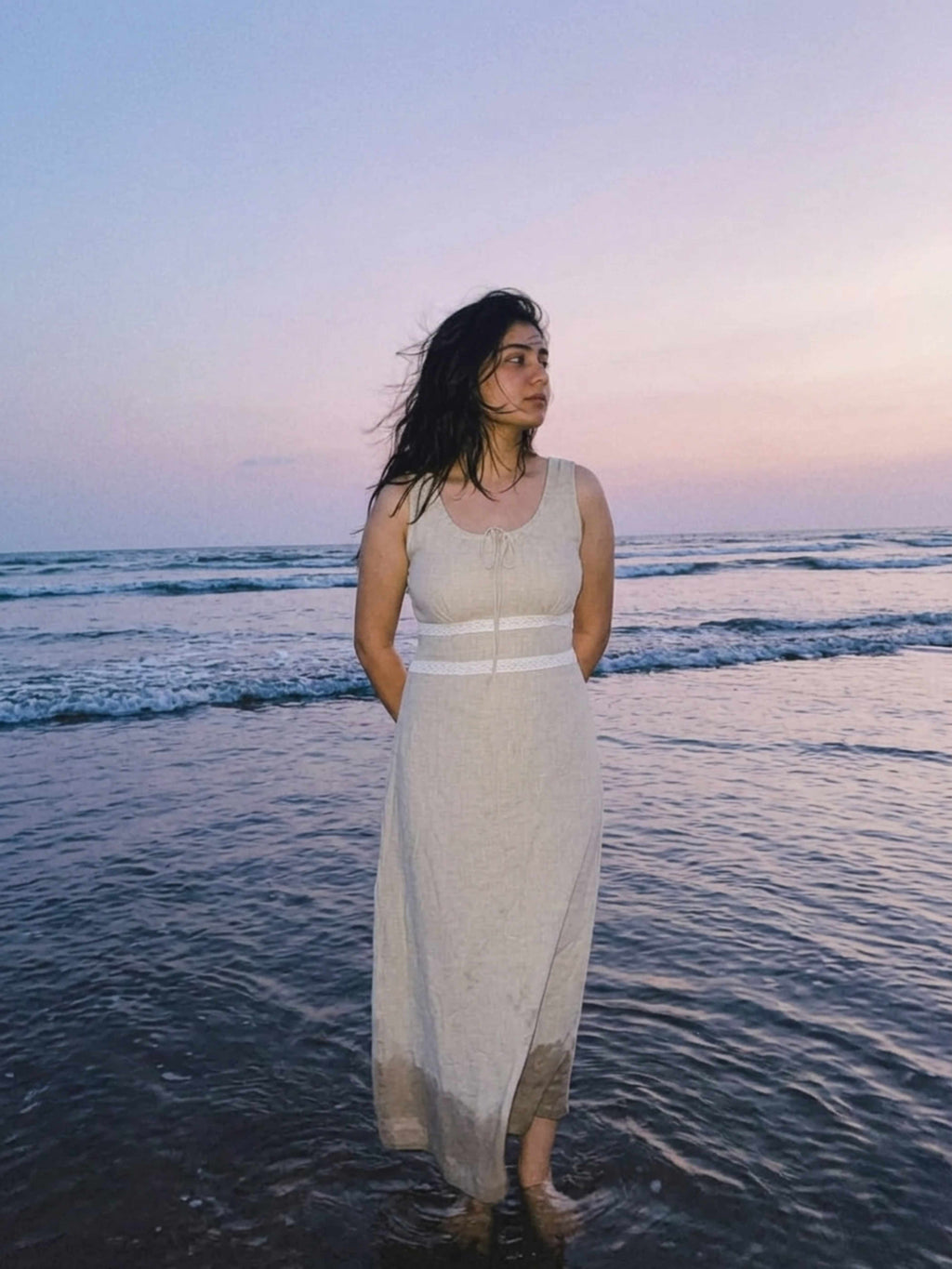 Beige Linen Cotton Lace Maxi Dress – Flowy, Breathable & Elegant