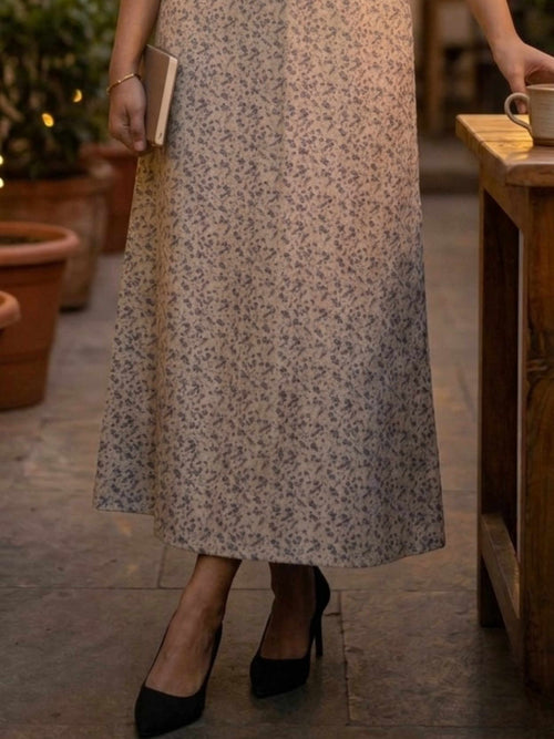 Beige Floral Cotton Linen A-Line Skirt – High Waist, Breathable & Flowy