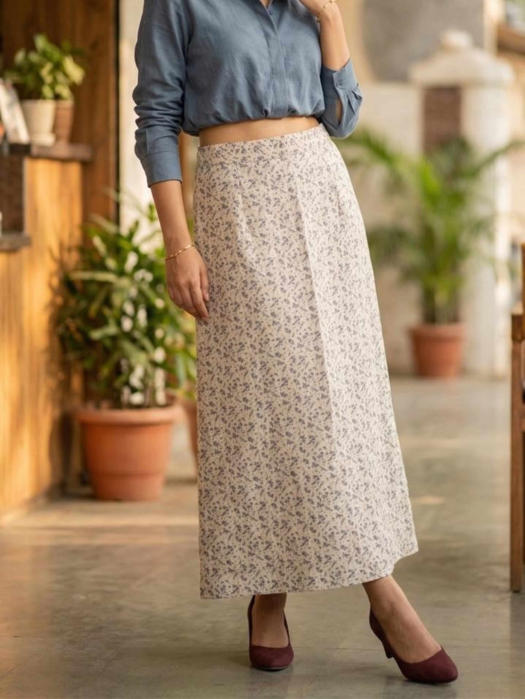 Beige Floral Cotton Linen A-Line Skirt – High Waist, Breathable & Flowy
