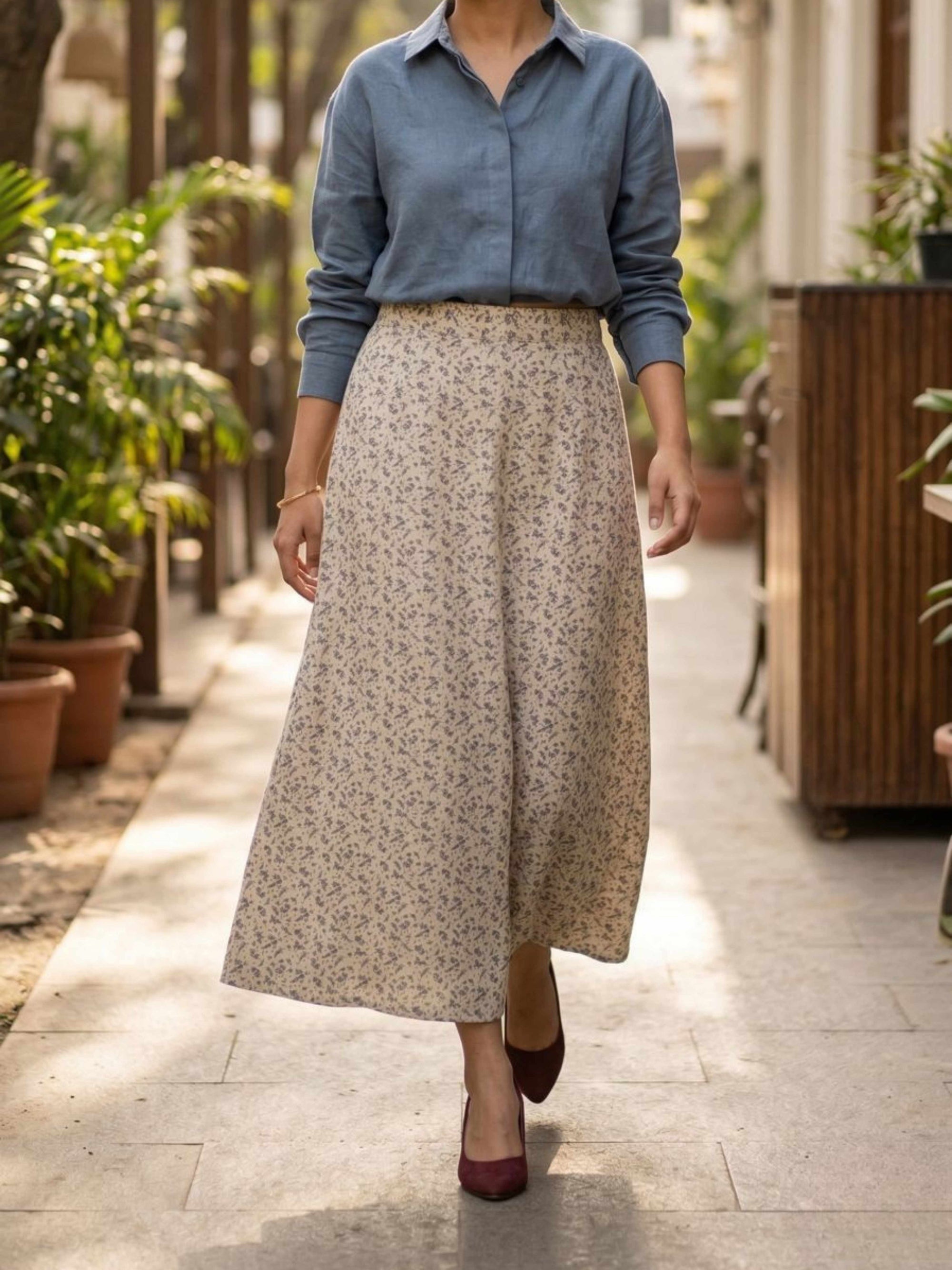 Beige Floral Cotton Linen A-Line Skirt – High Waist, Breathable & Flowy