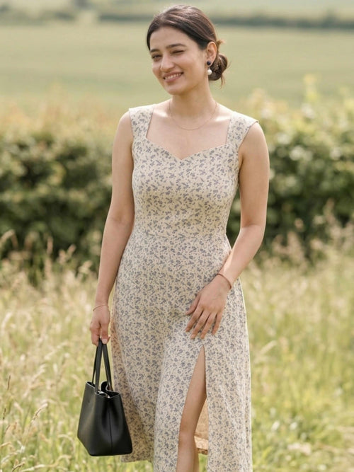 Beige Floral Cotton Linen Midi Dress for Women – Breathable Summer Dress