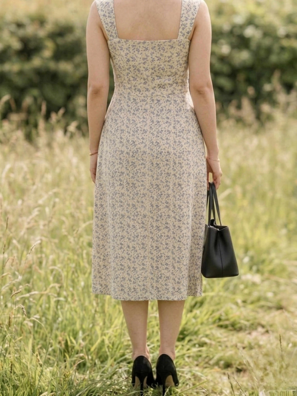 Beige Floral Cotton Linen Midi Dress for Women – Breathable Summer Dress
