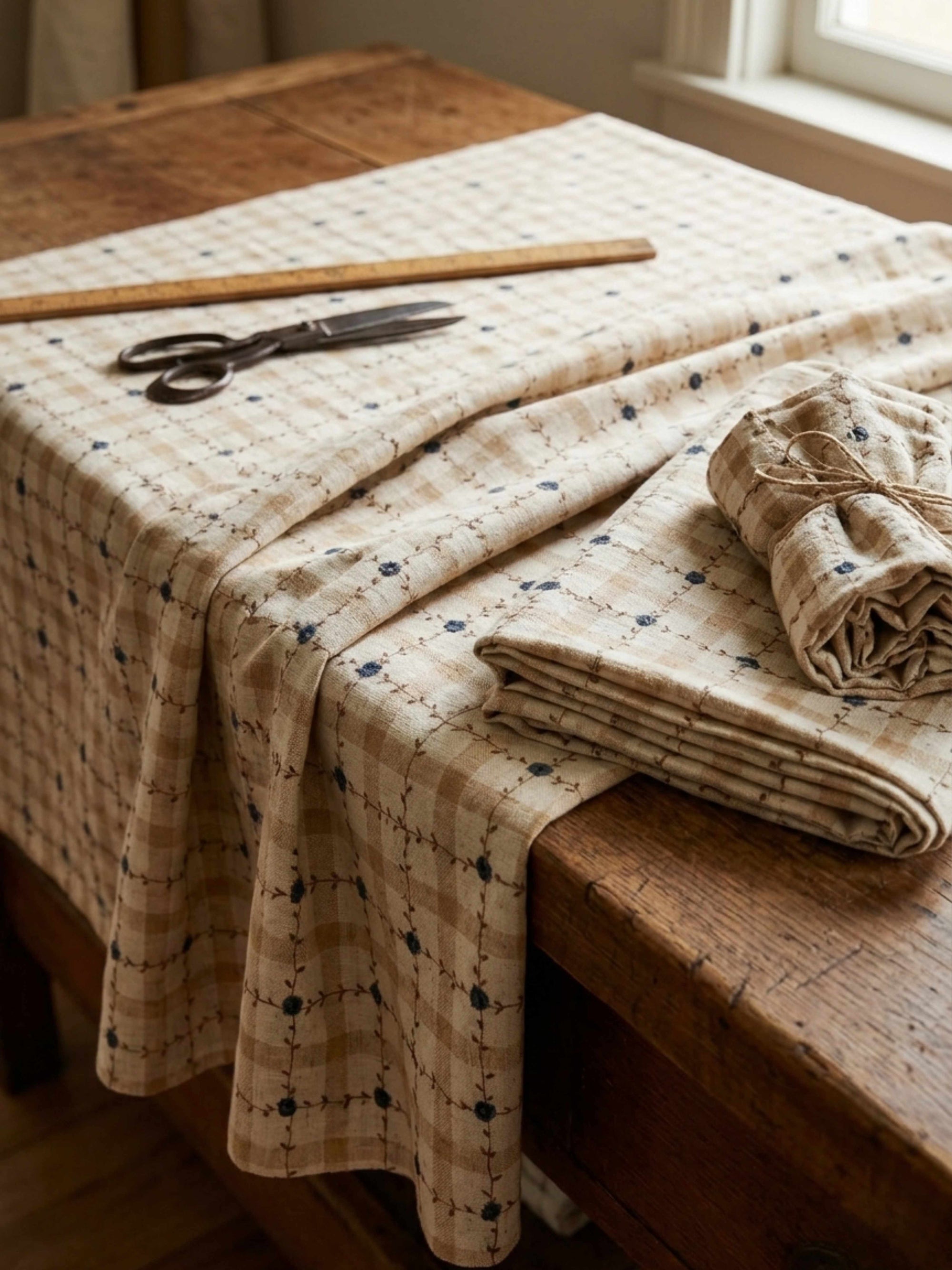 Beige Linen Cotton Victorian Check Dress – Soft, Feminine & Effortlessly Breezy