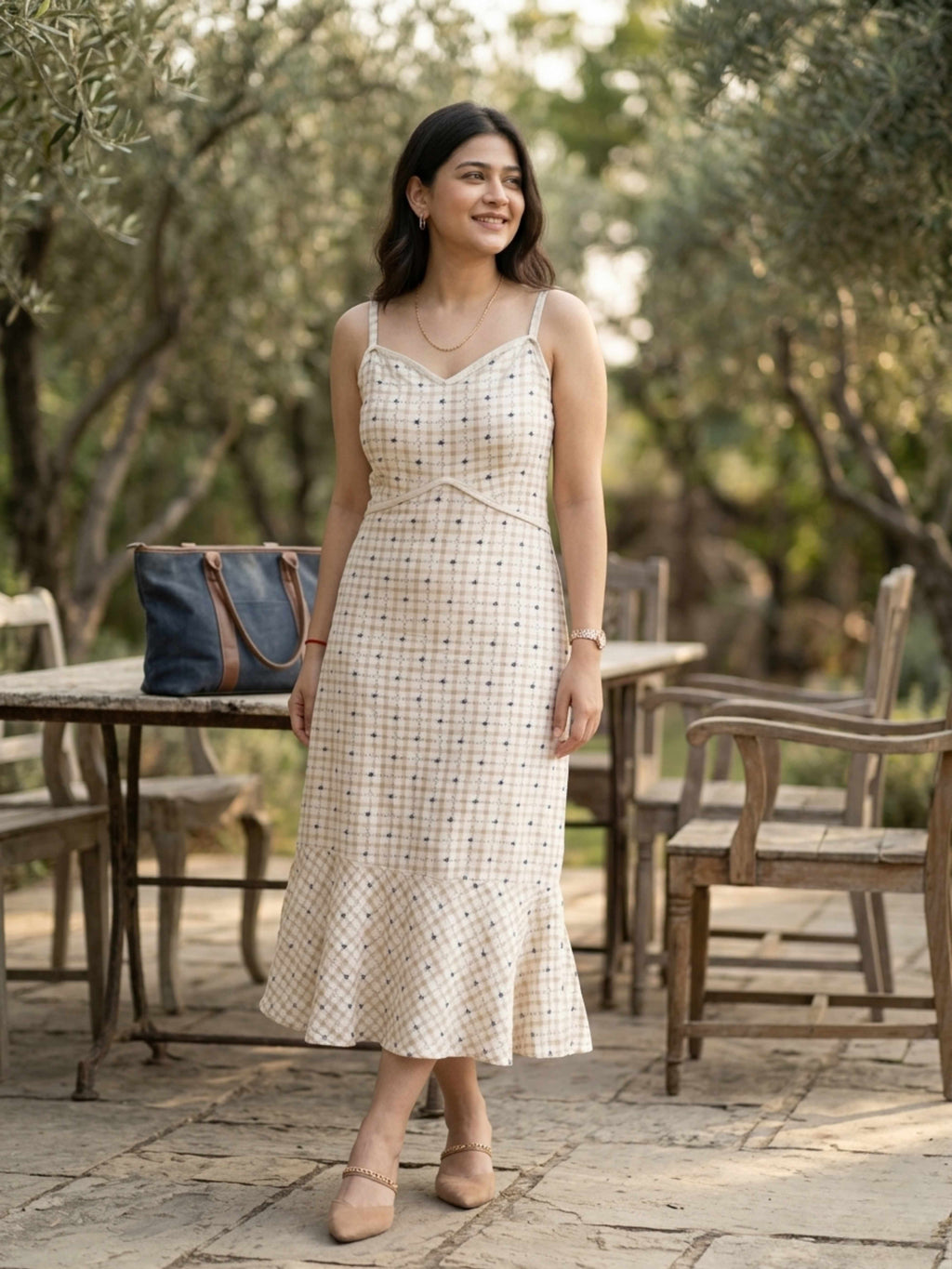 Beige Linen Cotton Victorian Check Dress – Soft, Feminine & Effortlessly Breezy