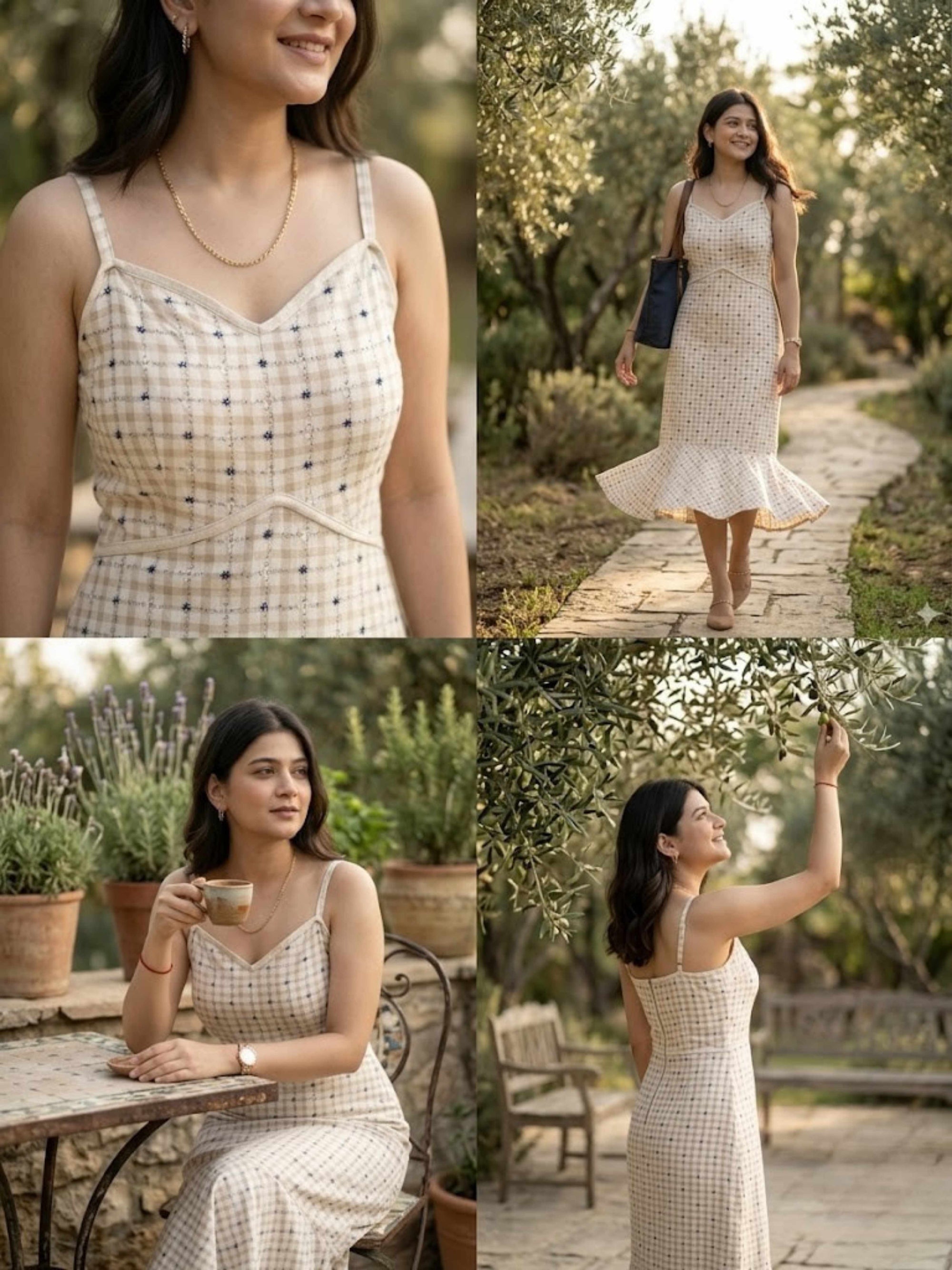 Beige Linen Cotton Victorian Check Dress – Soft, Feminine & Effortlessly Breezy