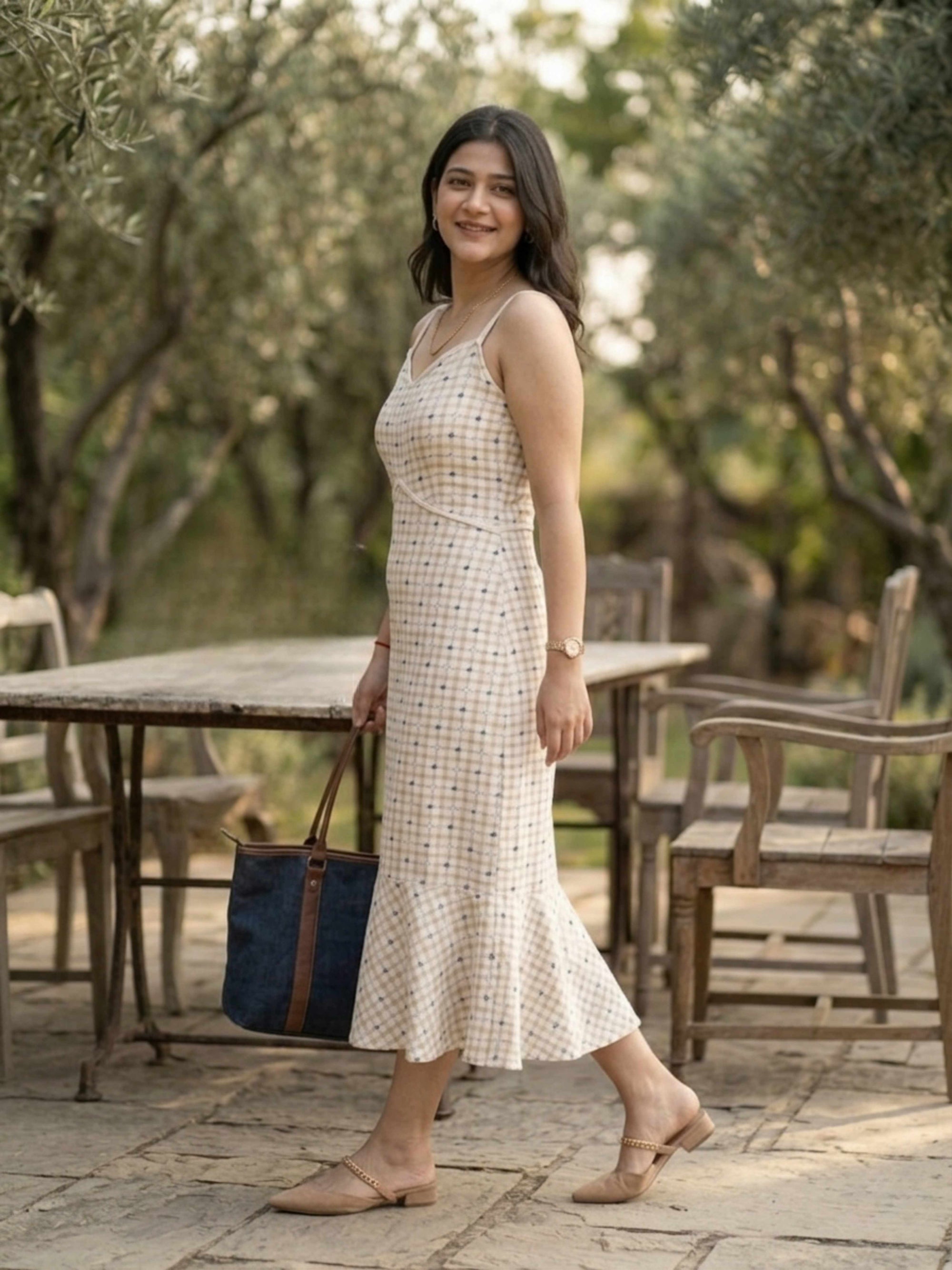 Beige Linen Cotton Victorian Check Dress – Soft, Feminine & Effortlessly Breezy