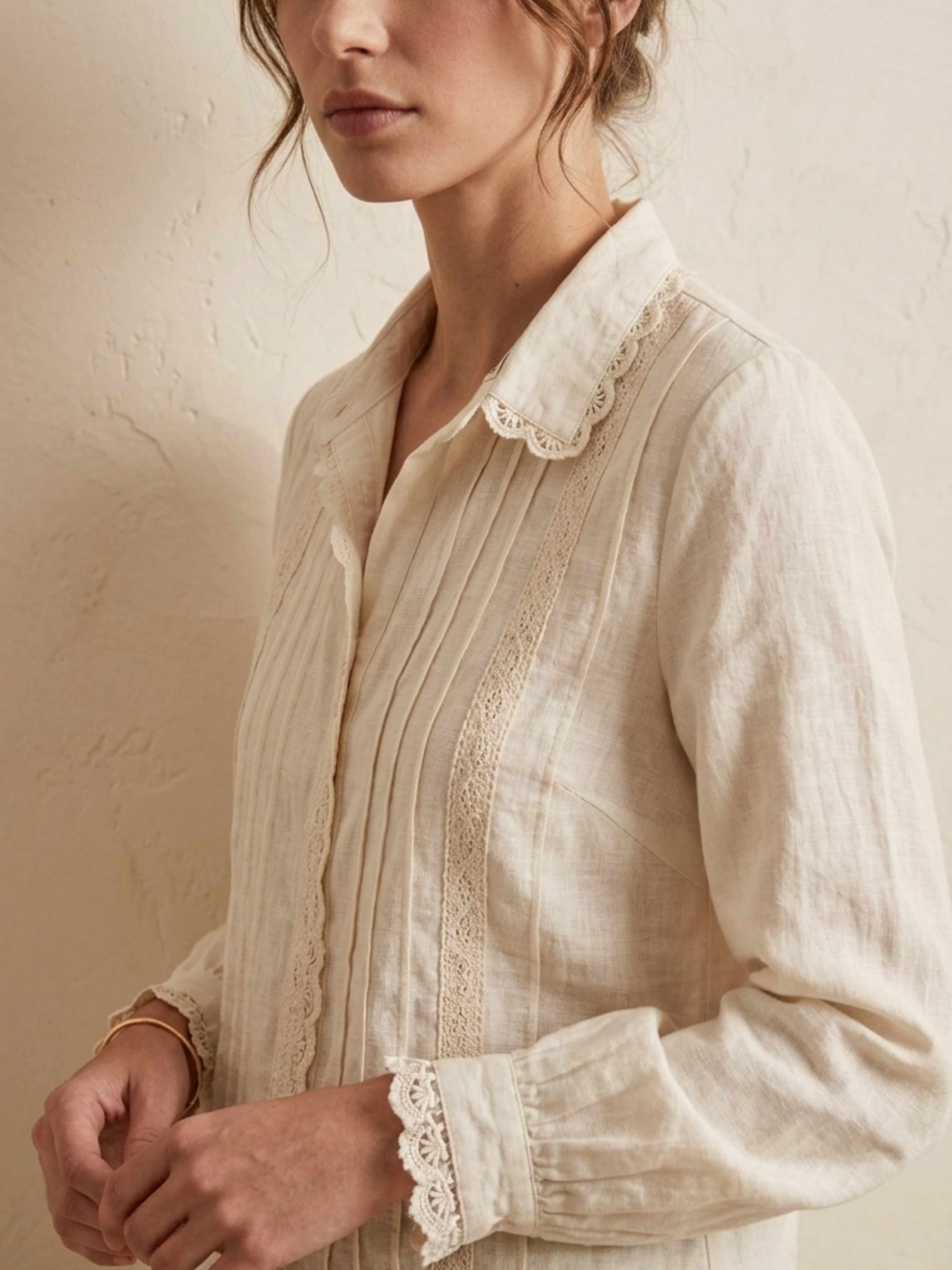 Vintage Lace Linen Cotton Shirt – Off White Everyday Elegant Top