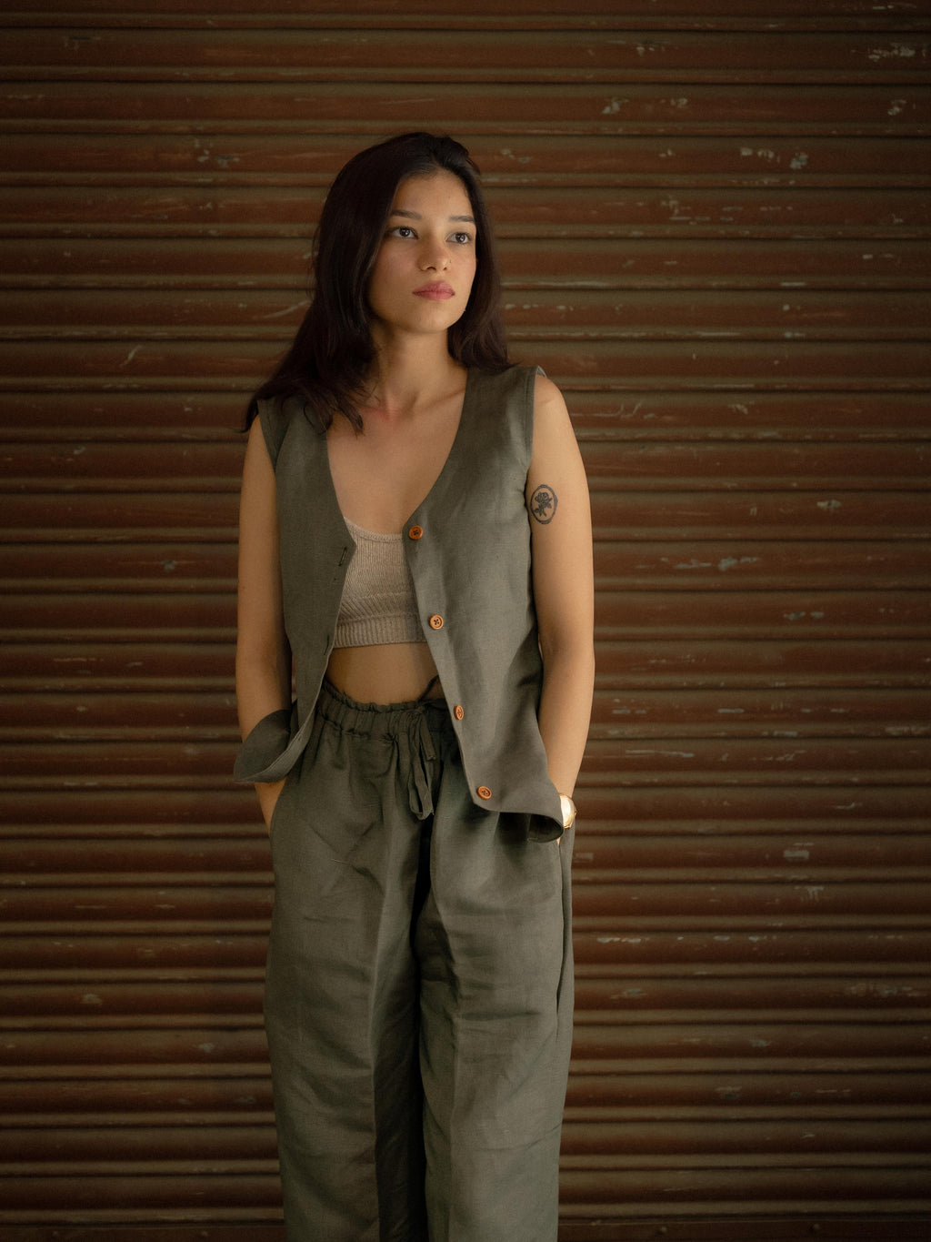 Olive Calm – Linen Co-ord Set – Waistcoat & Relaxed Fit Pants for Women