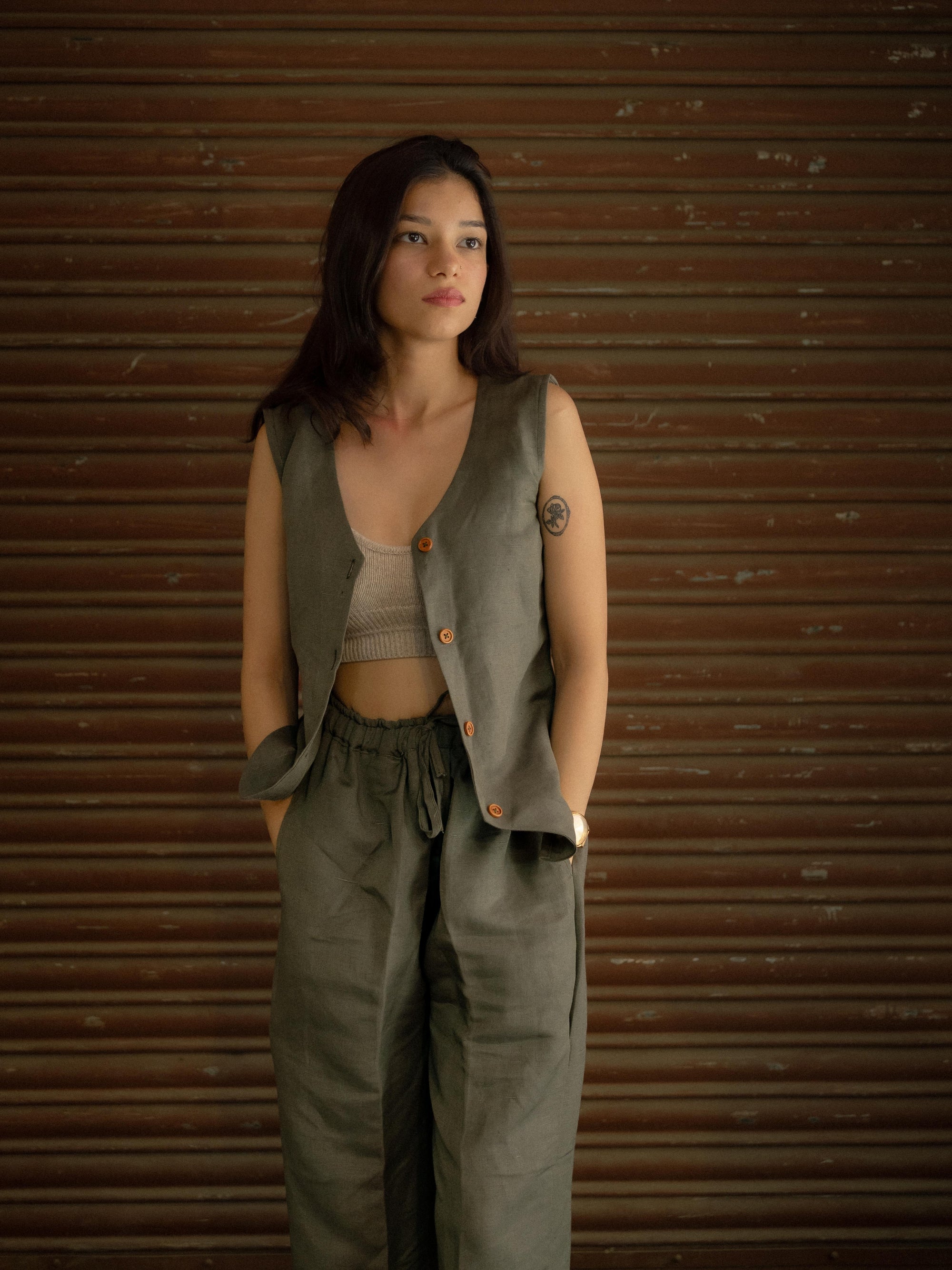 Olive Calm – Linen Co-ord Set – Waistcoat & Relaxed Fit Pants for Women