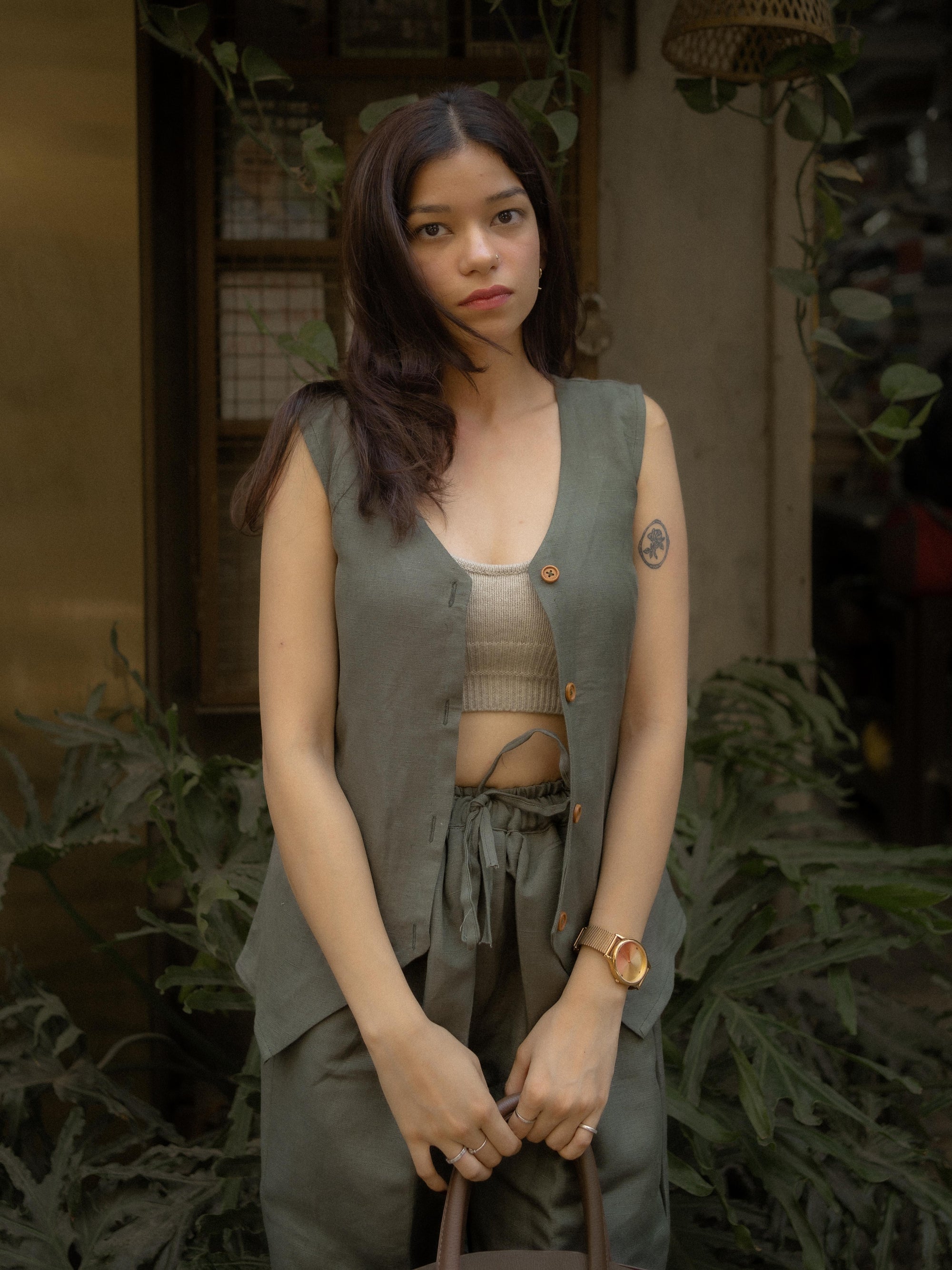 Olive Calm – Linen Co-ord Set – Waistcoat & Relaxed Fit Pants for Women