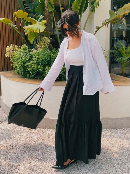 100% Linen 40 LEA Black Tiered Maxi Skirt – Timeless Everyday Classic