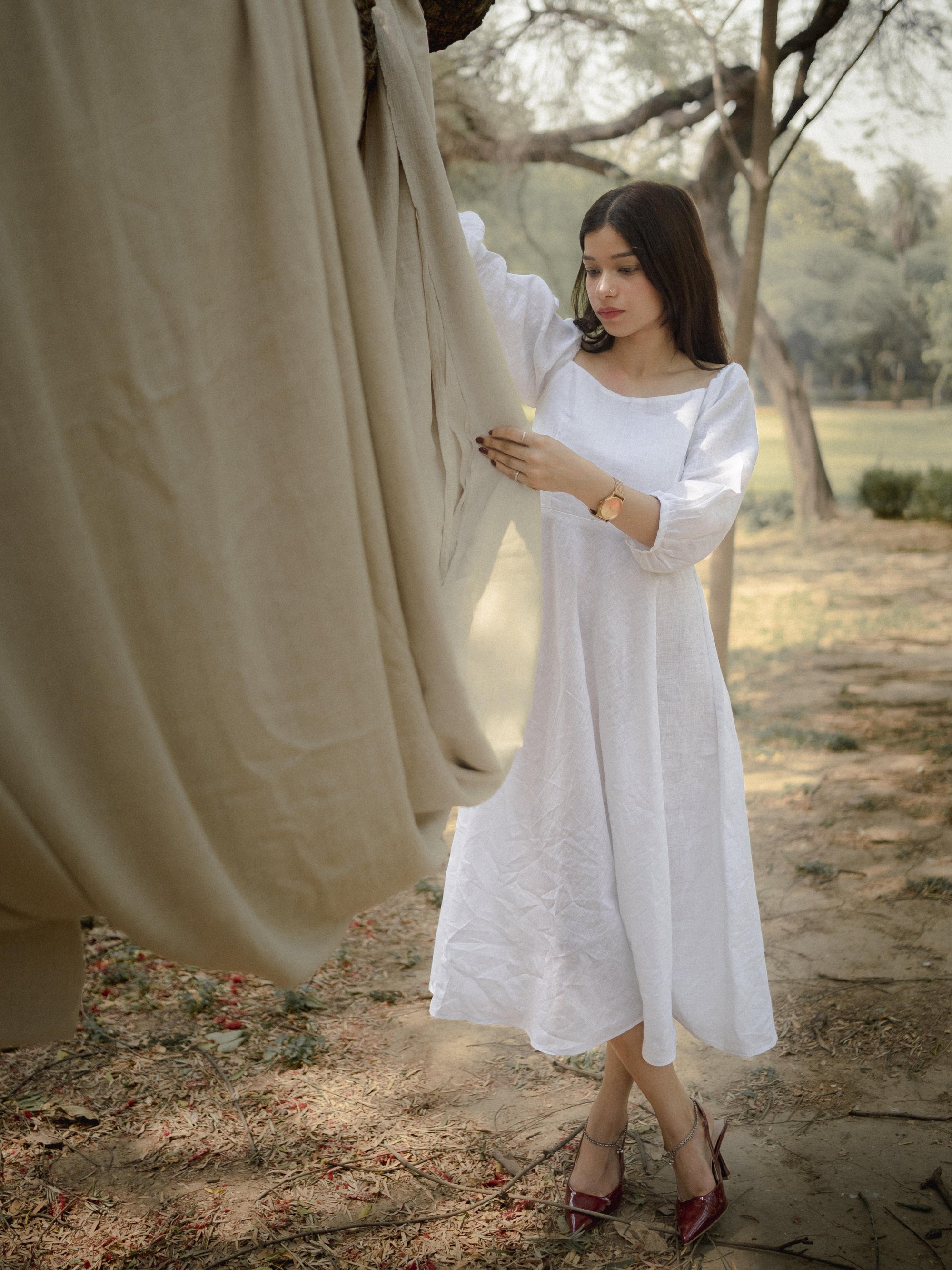 Lizzy in Linen – Square Neck White Pure Linen Dress