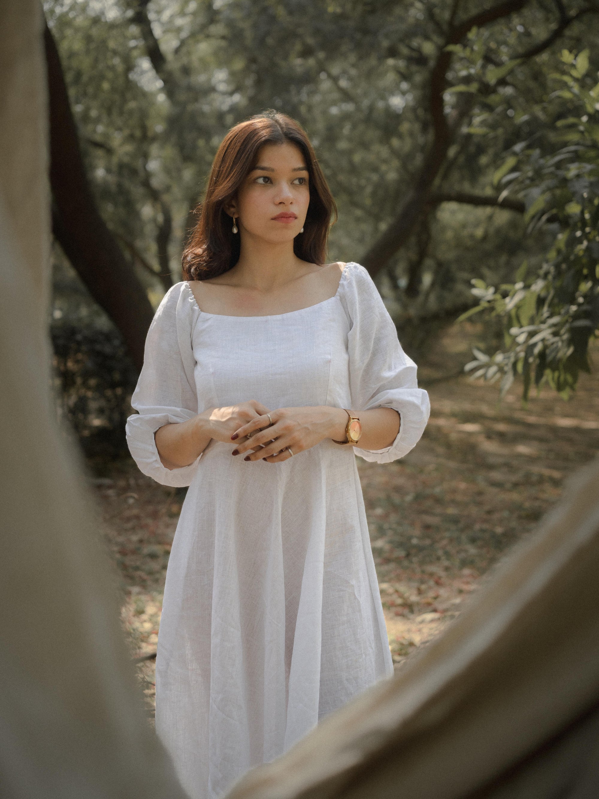 Lizzy in Linen – Square Neck White Pure Linen Dress