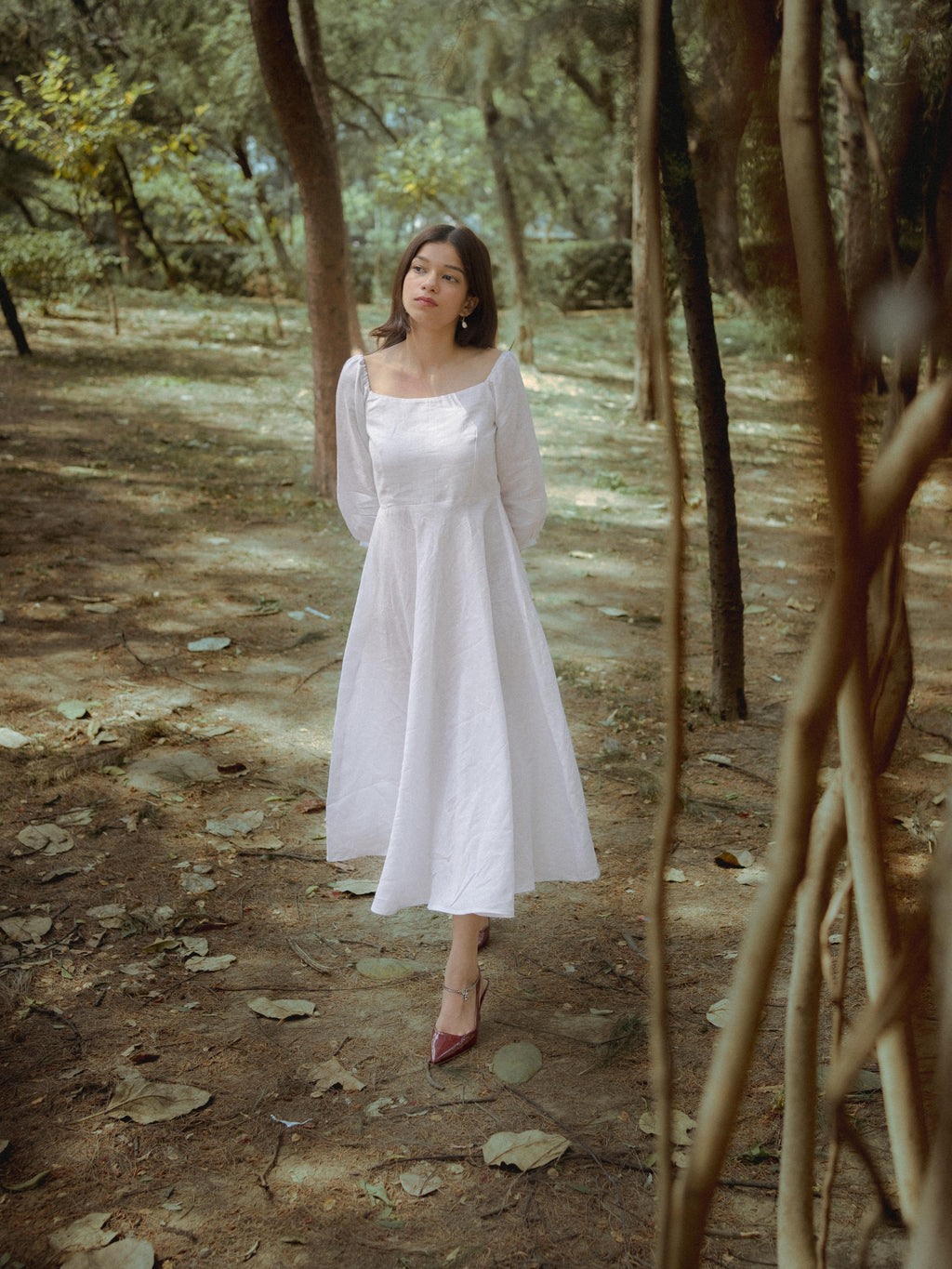 Lizzy in Linen – Square Neck White Pure Linen Dress