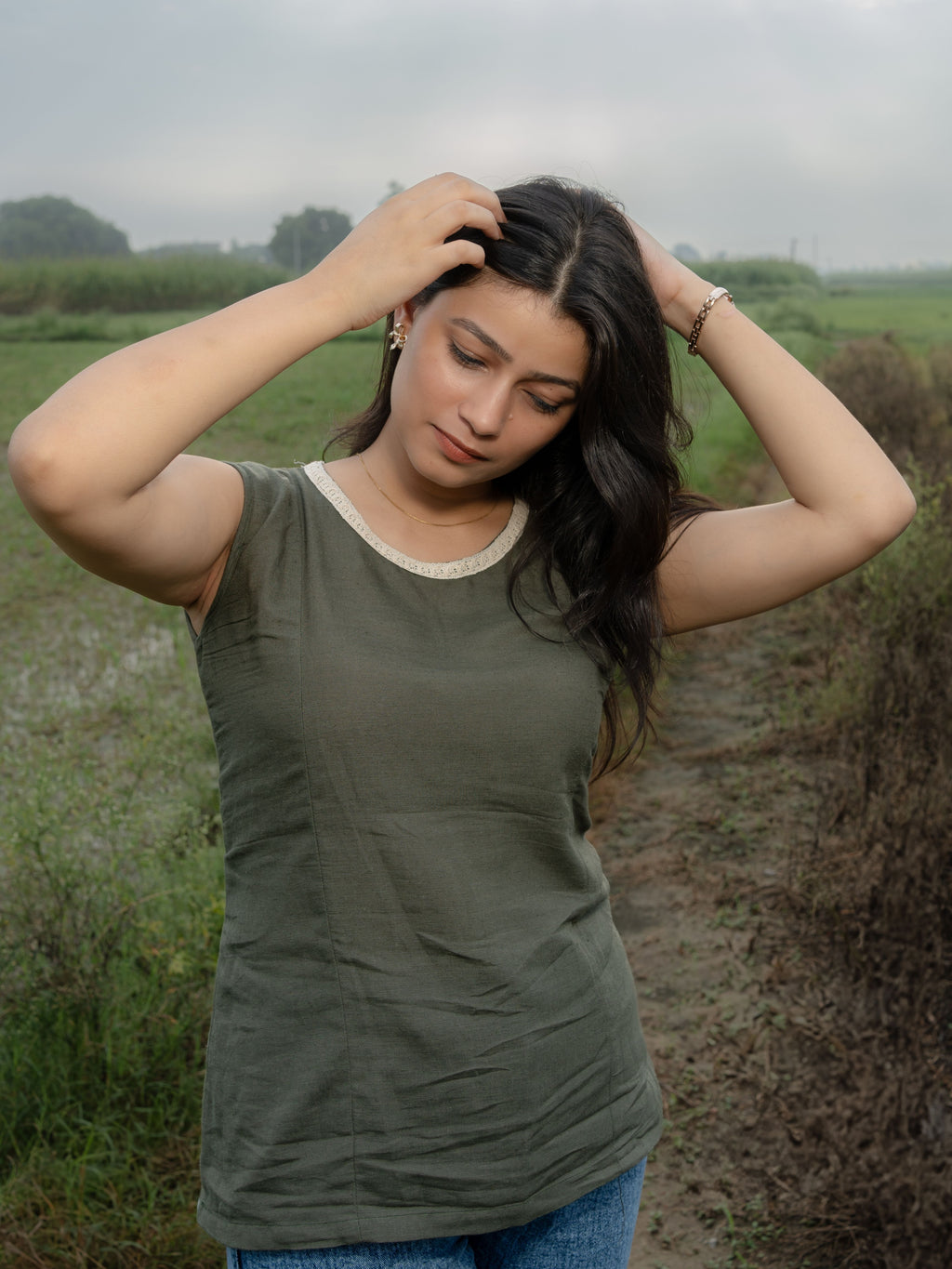 Olive Green Linen Top with Lace Boat Neck & Tie-Back Detailing