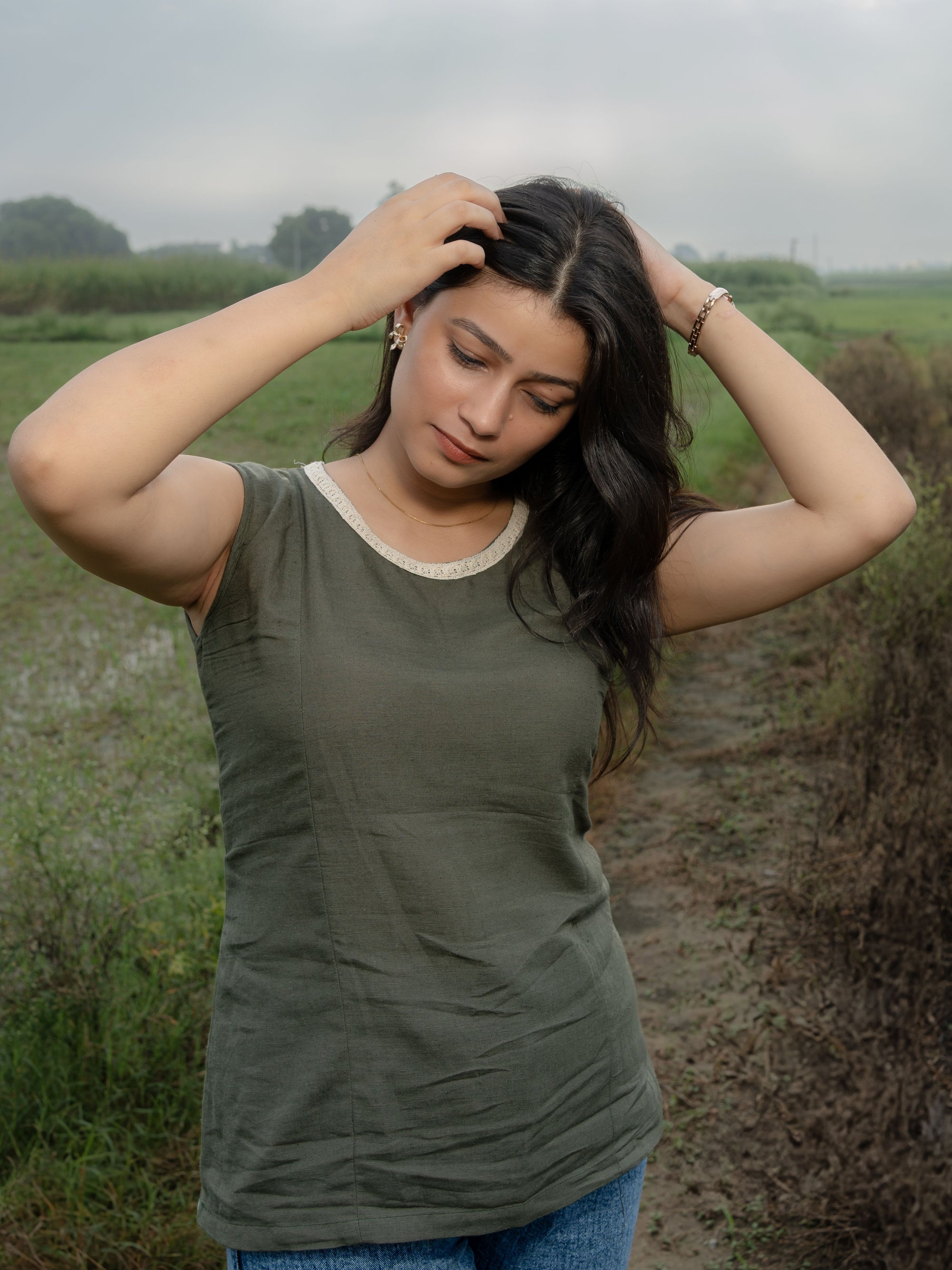 Olive Green Linen Top with Lace Boat Neck & Tie-Back Detailing
