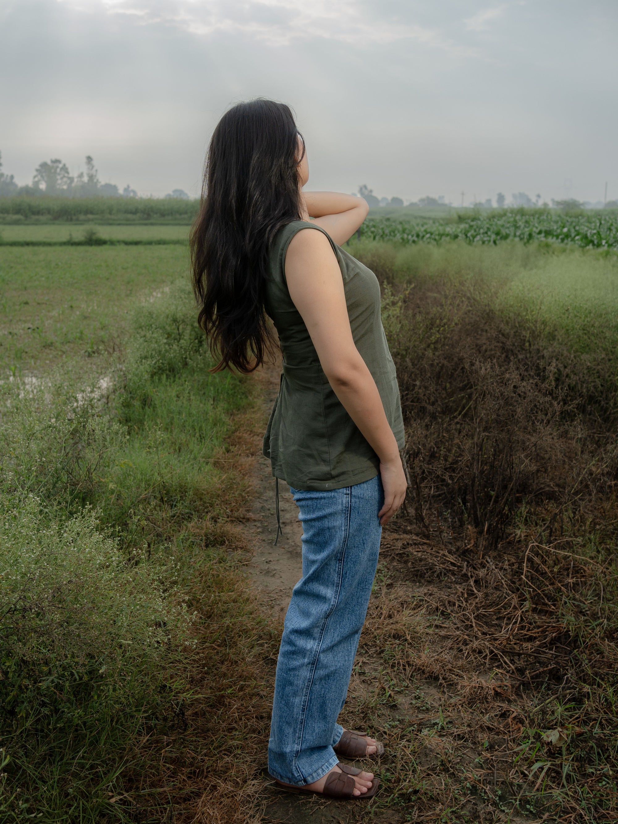Olive Green Linen Top with Lace Boat Neck & Tie-Back Detailing