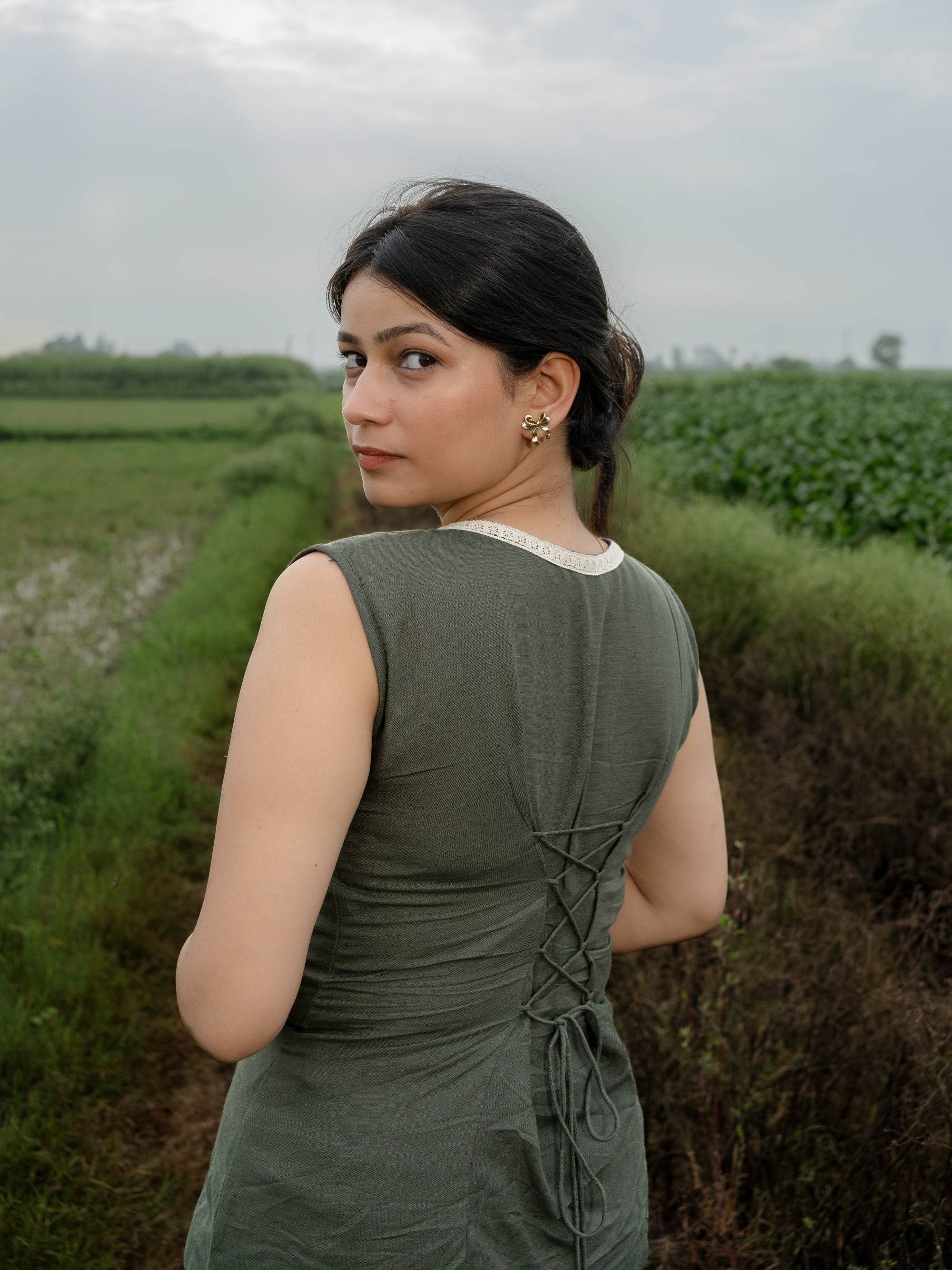 Olive Green Linen Top with Lace Boat Neck & Tie-Back Detailing