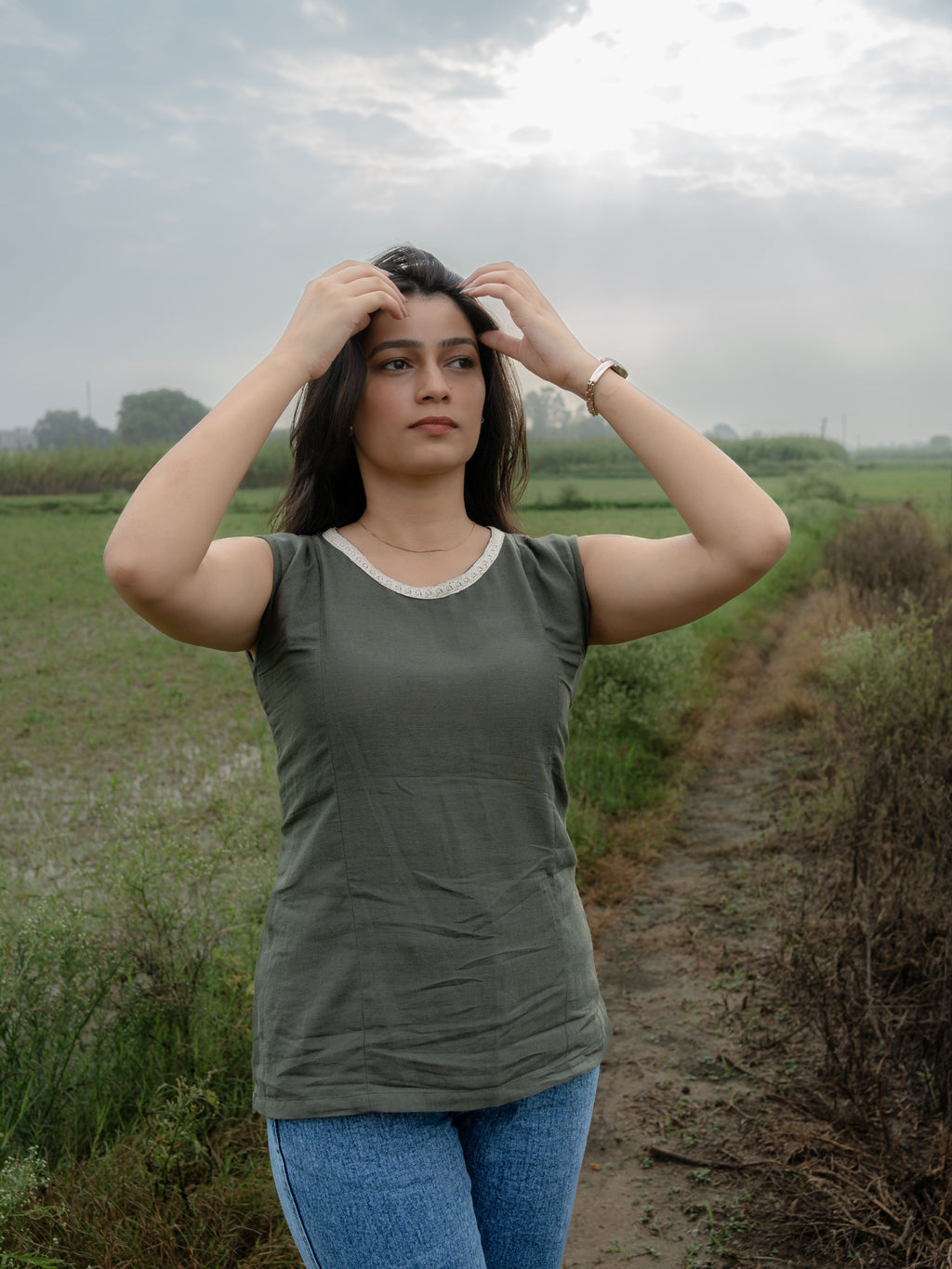 Olive Green Linen Top with Lace Boat Neck & Tie-Back Detailing