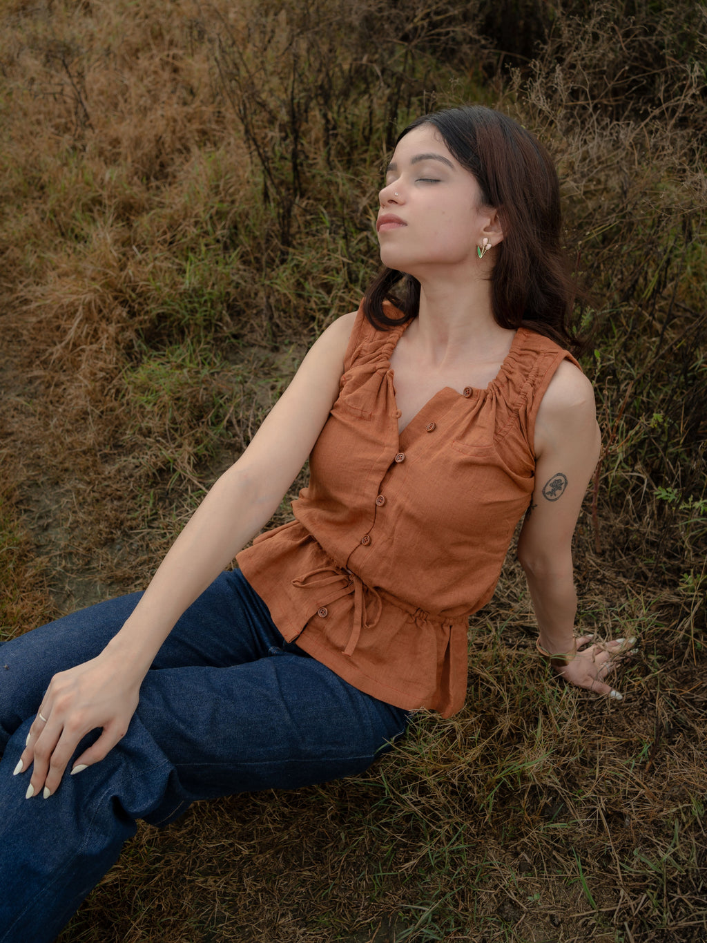 Saddle Brown Linen Peplum Top with Ruffle Trim & Drawstring Waist