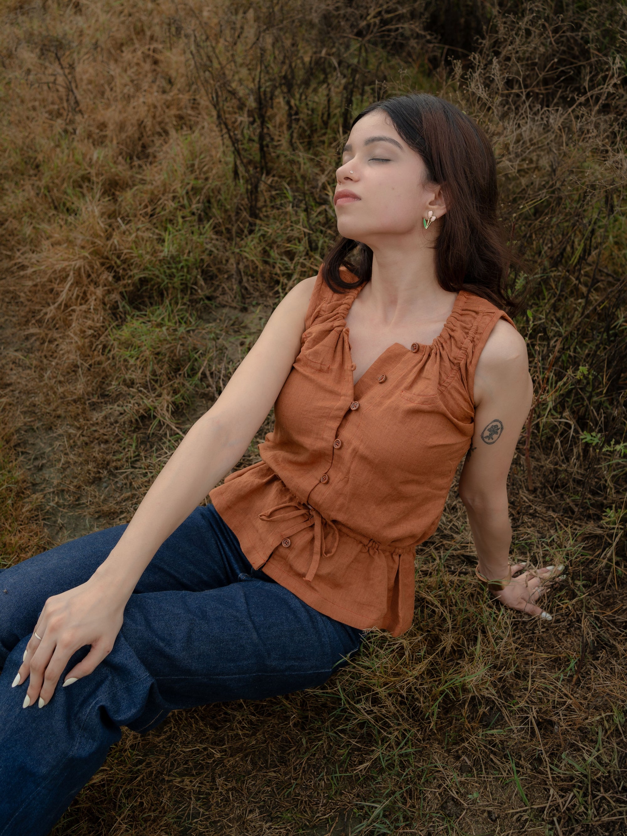 Saddle Brown Linen Peplum Top with Ruffle Trim & Drawstring Waist