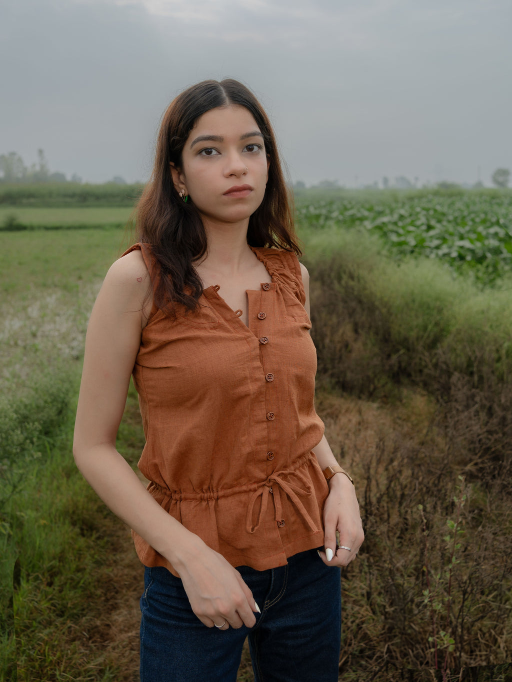 Saddle Brown Linen Peplum Top with Ruffle Trim & Drawstring Waist