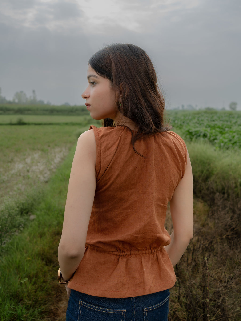 Saddle Brown Linen Peplum Top with Ruffle Trim & Drawstring Waist