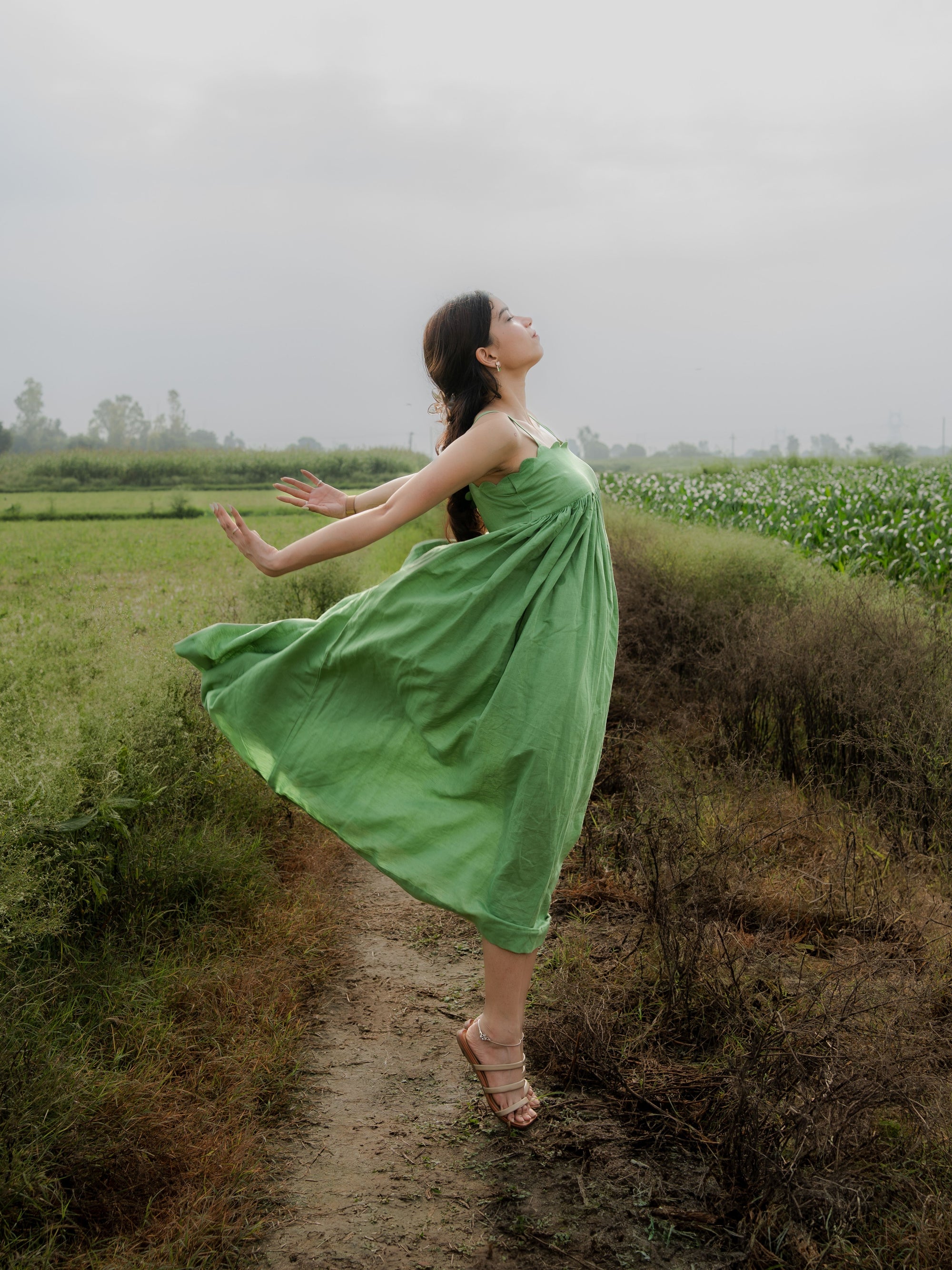 Green Linen Empire Maxi Dress with Gathered Skirt