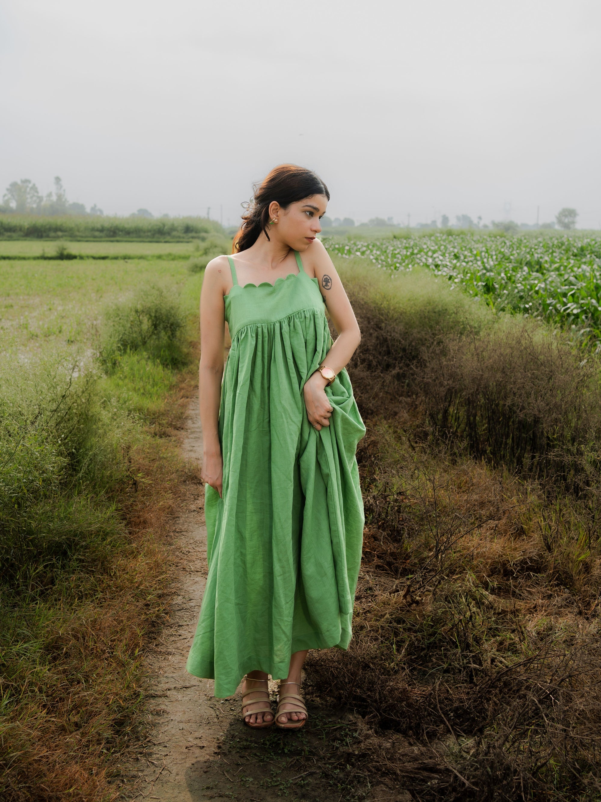 Green Linen Empire Maxi Dress with Gathered Skirt