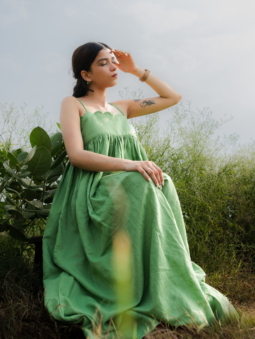 Green Linen Empire Maxi Dress with Gathered Skirt