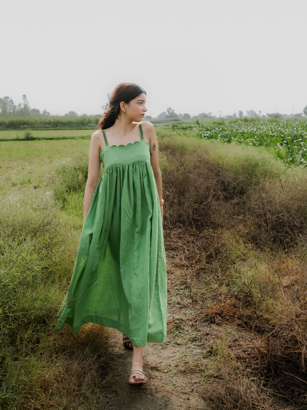 Green Linen Empire Maxi Dress with Gathered Skirt
