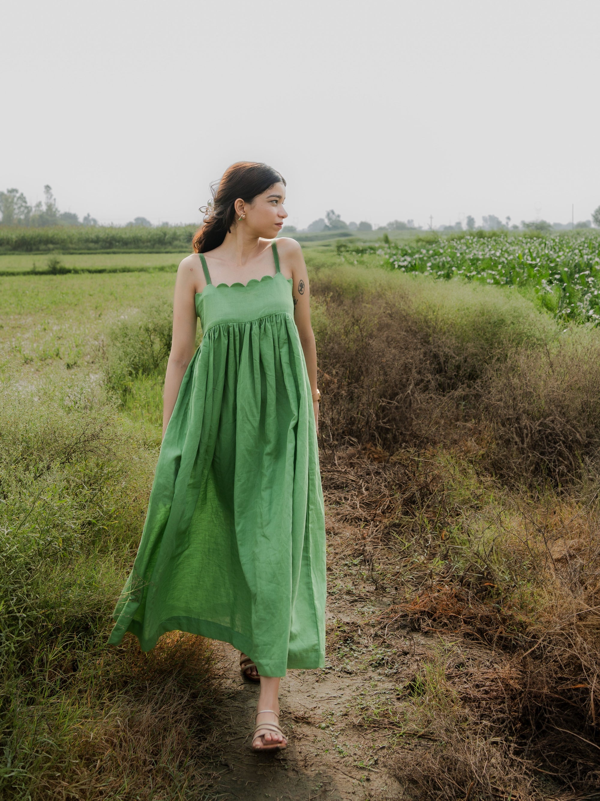 Green Linen Empire Maxi Dress with Gathered Skirt