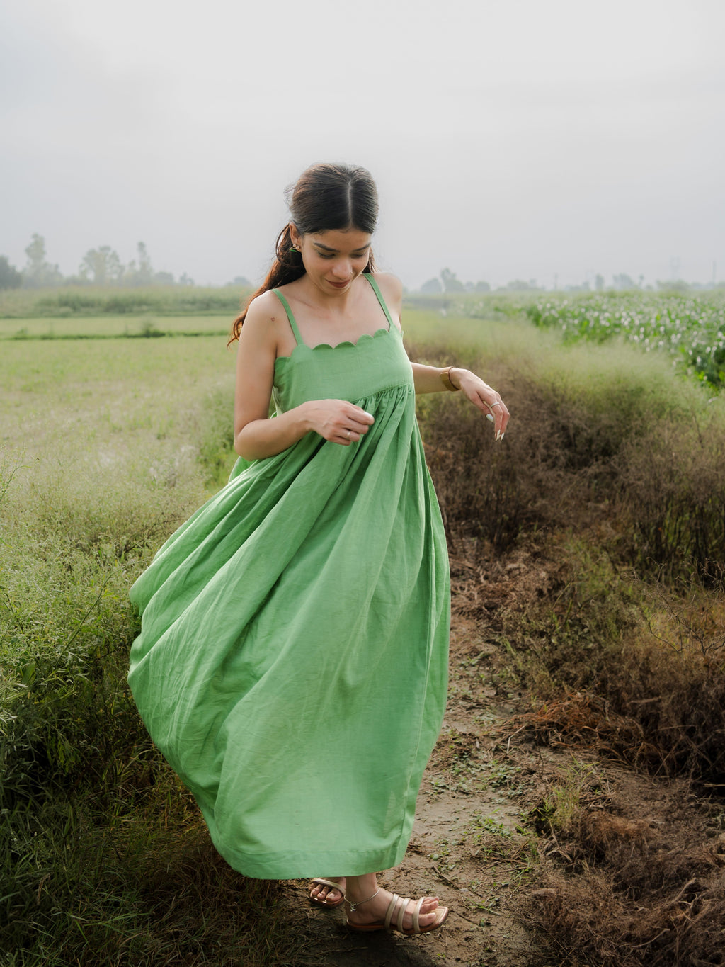 Green Linen Empire Maxi Dress with Gathered Skirt
