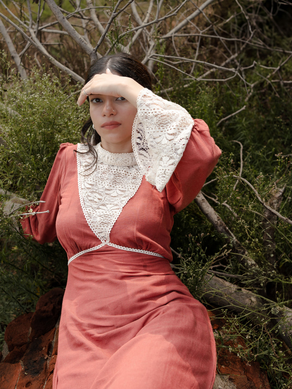 Linen Mahogany Midi with Lace High Neck & Flared Sleeves– Timeless Vintage Charm