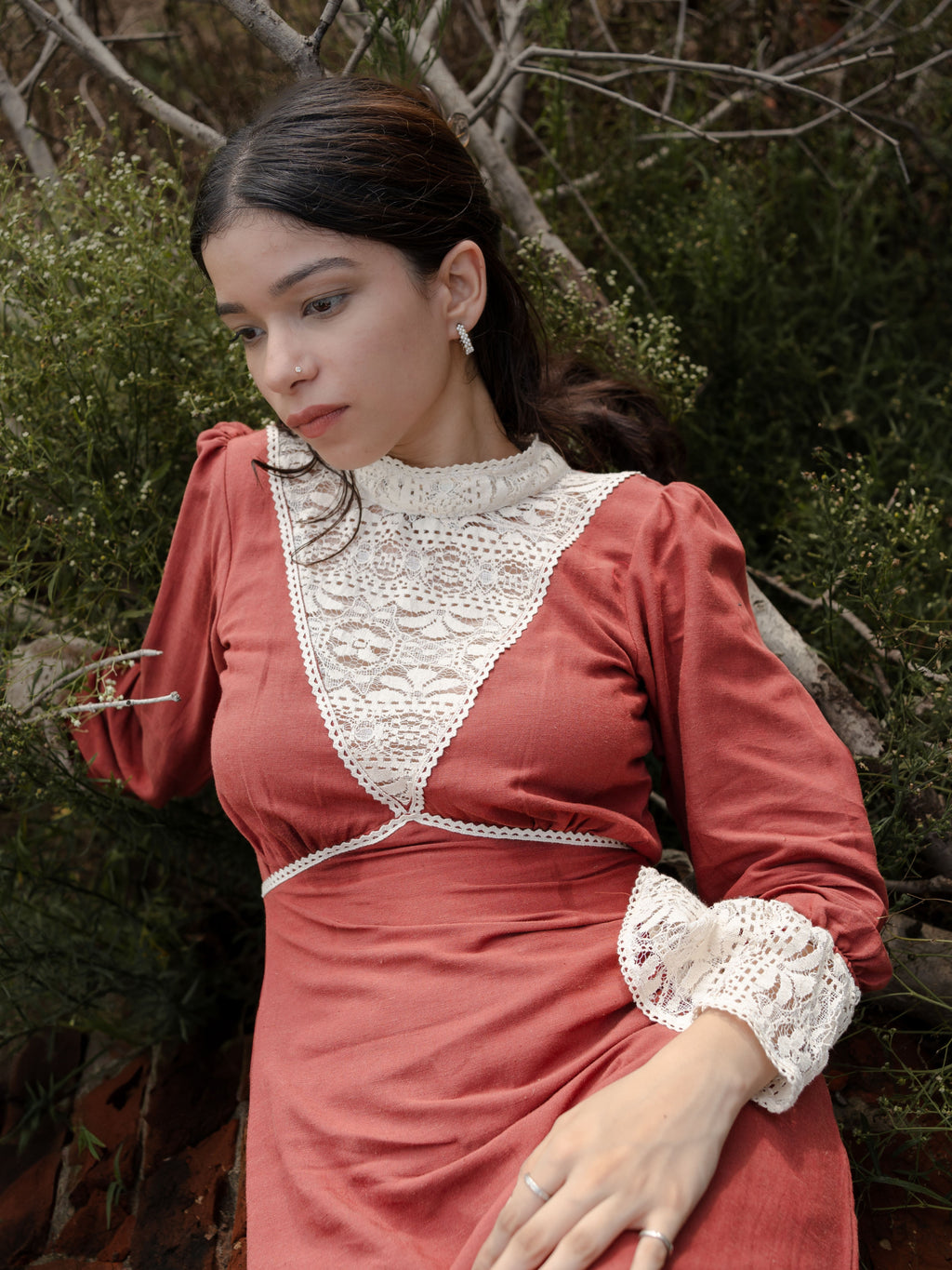Linen Mahogany Midi with Lace High Neck & Flared Sleeves– Timeless Vintage Charm