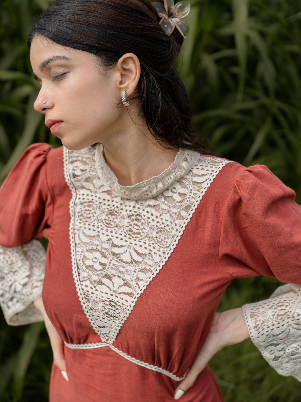 Linen Mahogany Midi with Lace High Neck & Flared Sleeves– Timeless Vintage Charm