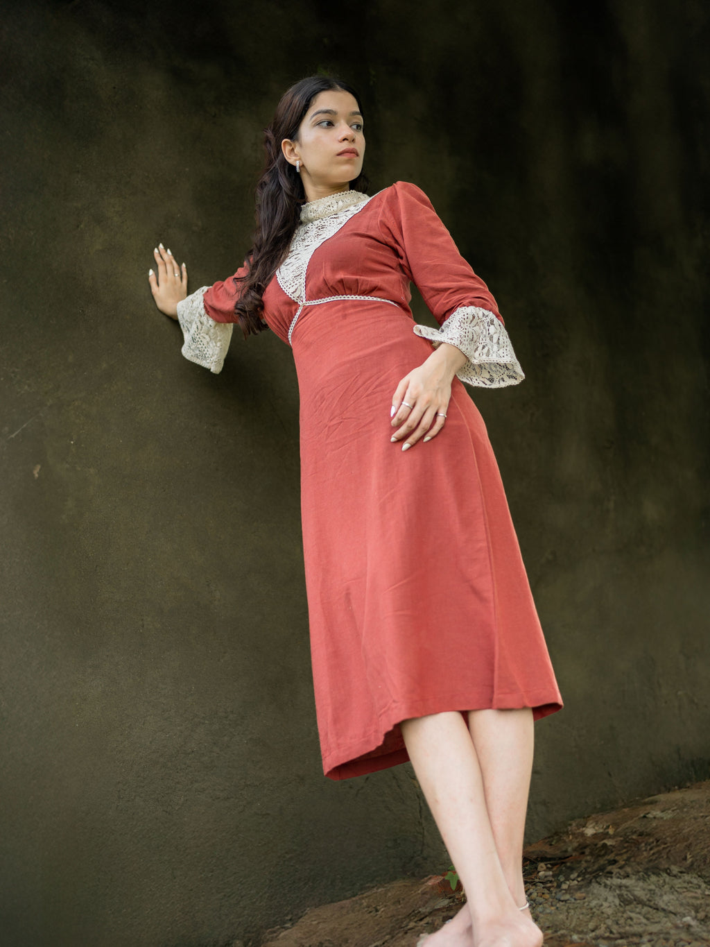 Linen Mahogany Midi with Lace High Neck & Flared Sleeves– Timeless Vintage Charm