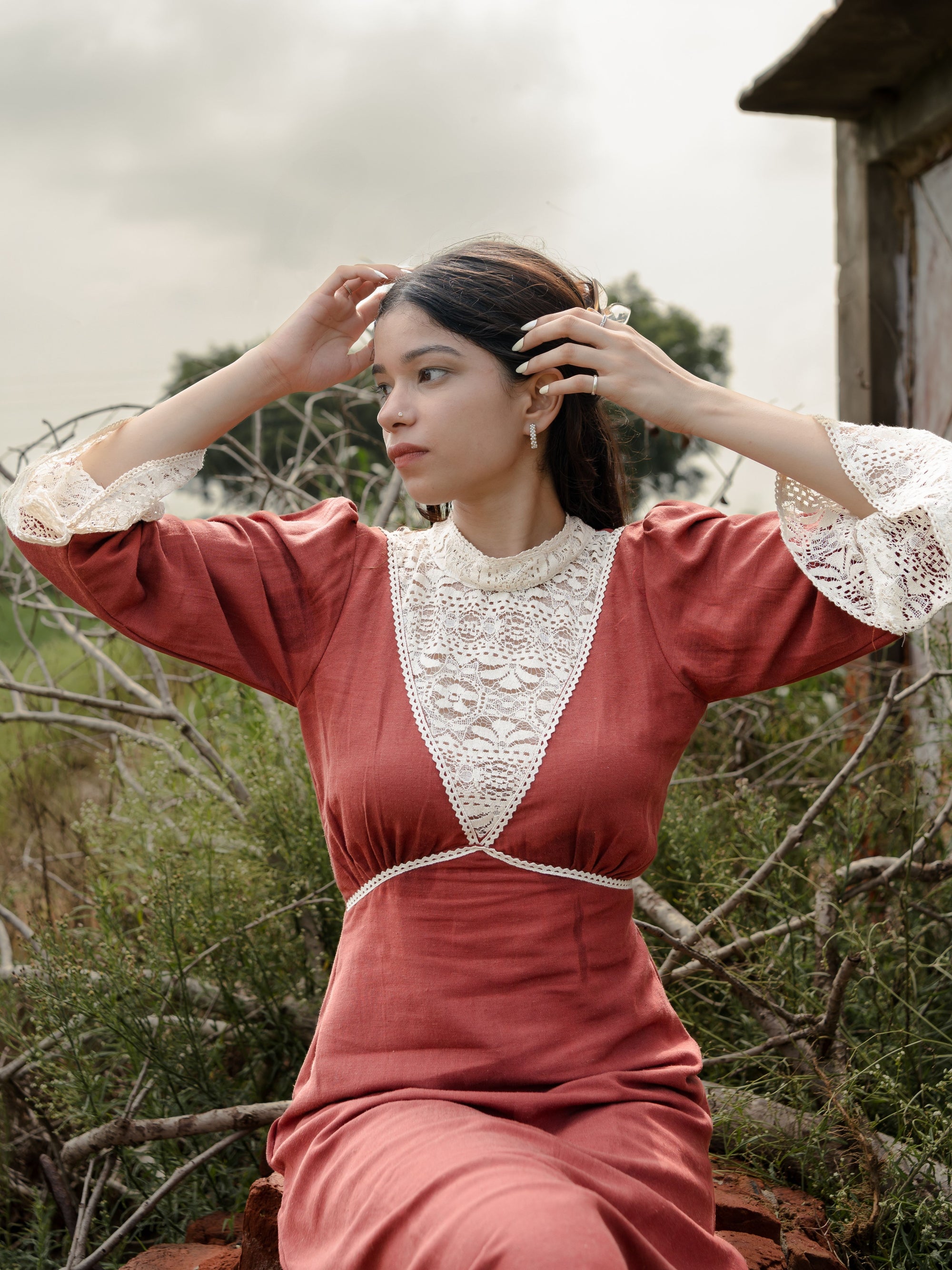 Linen Mahogany Midi with Lace High Neck & Flared Sleeves– Timeless Vintage Charm