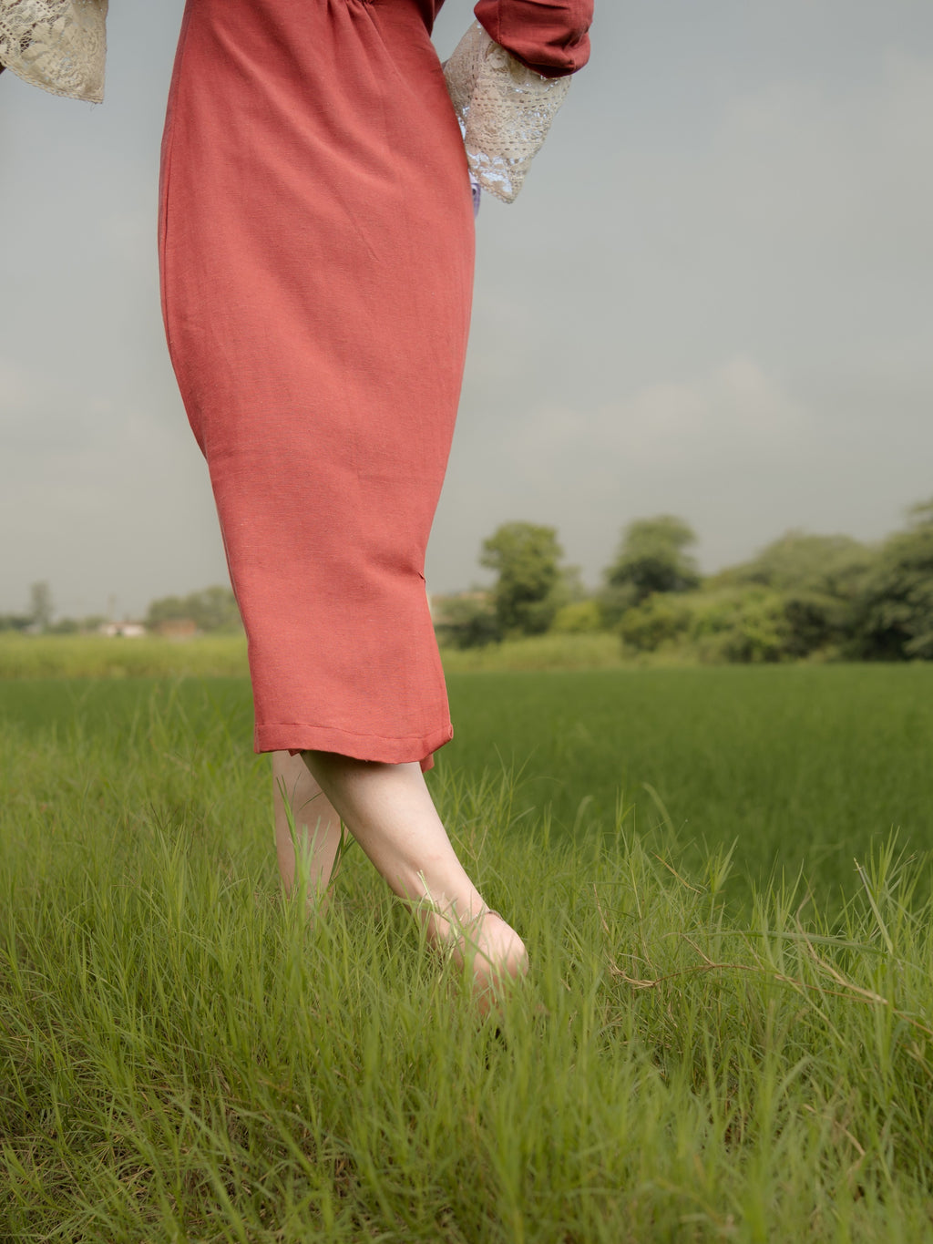 Linen Mahogany Midi with Lace High Neck & Flared Sleeves– Timeless Vintage Charm