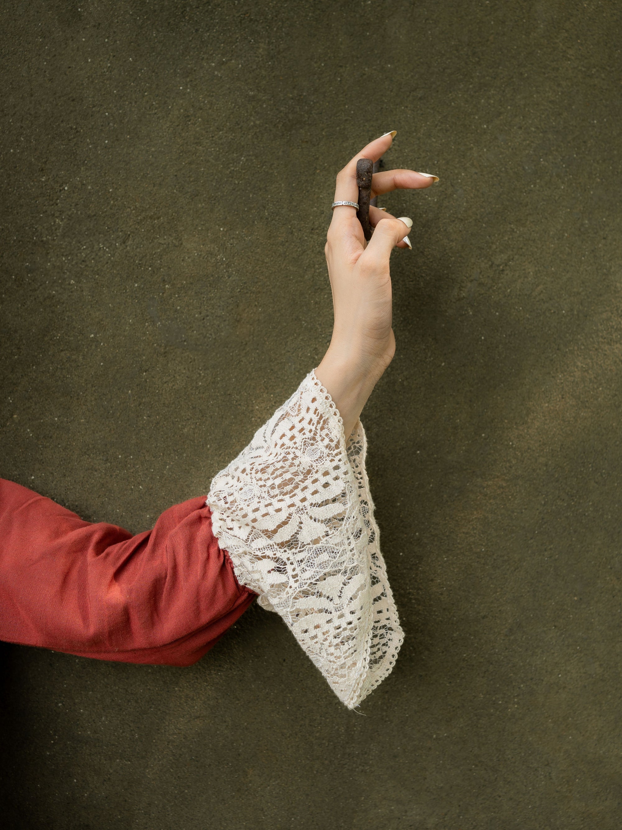 Linen Mahogany Midi with Lace High Neck & Flared Sleeves– Timeless Vintage Charm