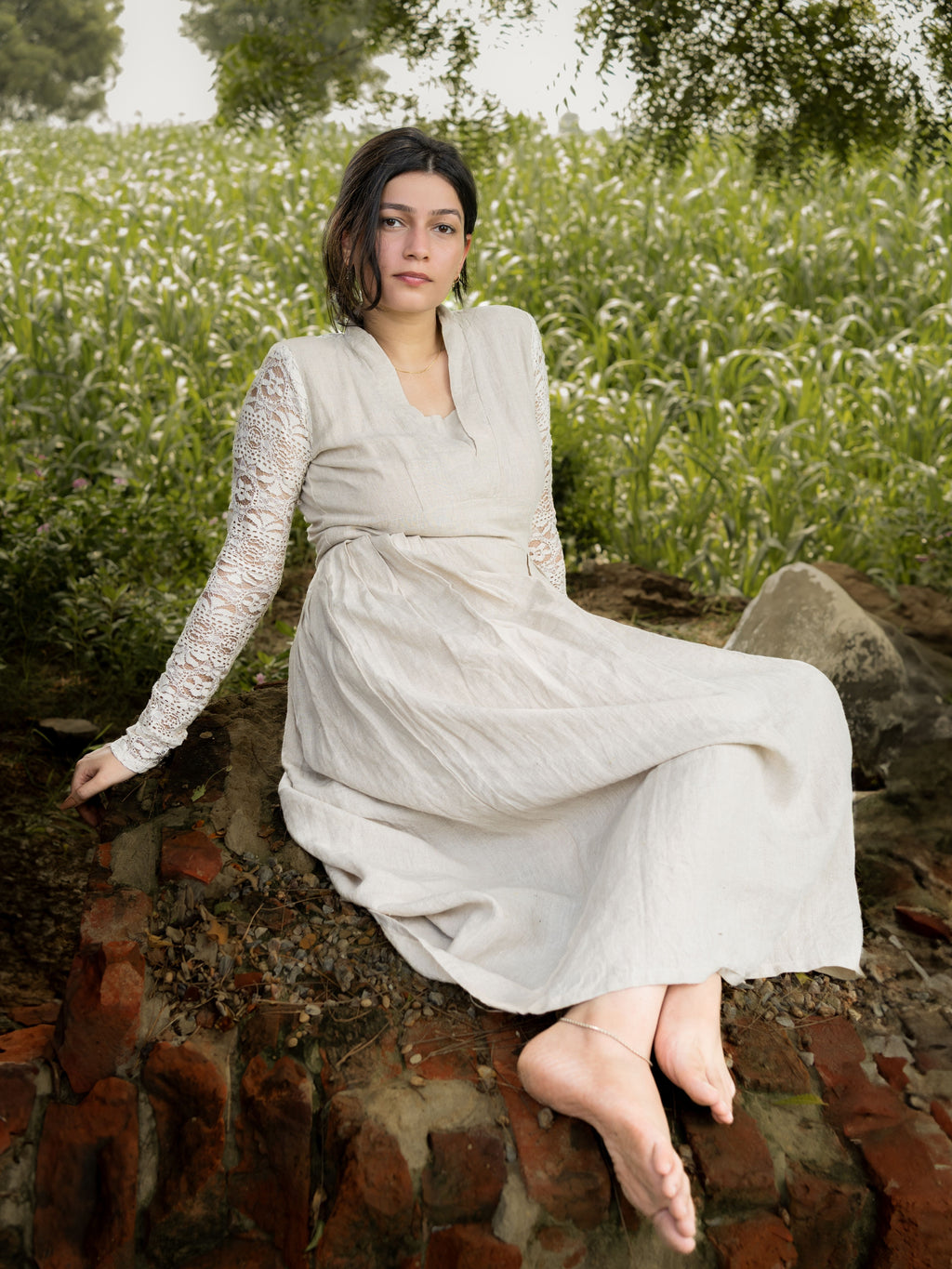 Beige Linen V-Neck Dress with Lace Sleeves — Vintage Cottagecore Maxi