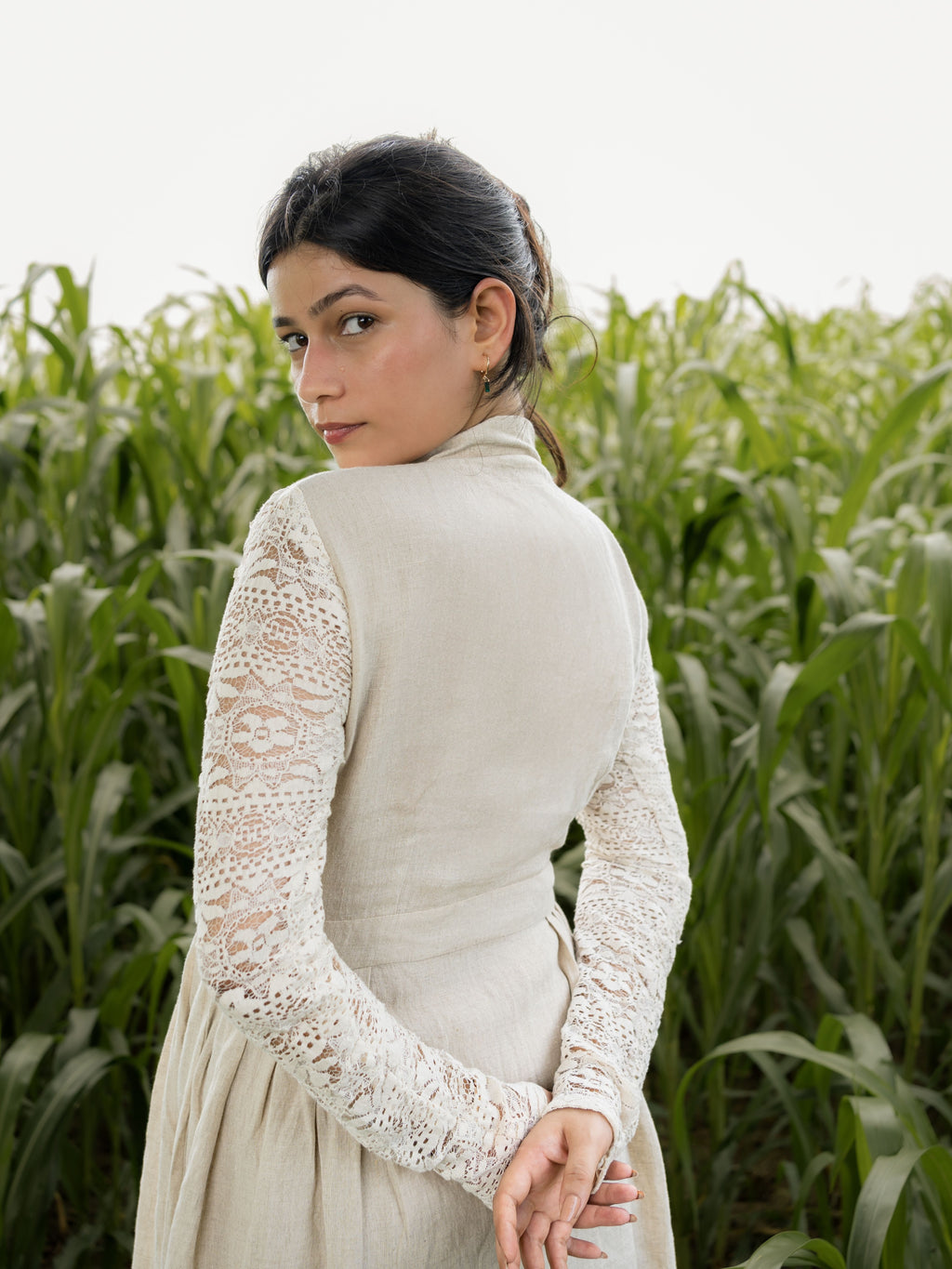 Beige Linen V-Neck Dress with Lace Sleeves — Vintage Cottagecore Maxi