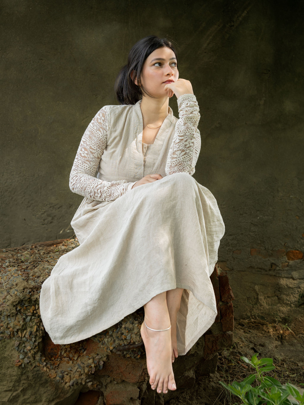 Beige Linen V-Neck Dress with Lace Sleeves — Vintage Cottagecore Maxi