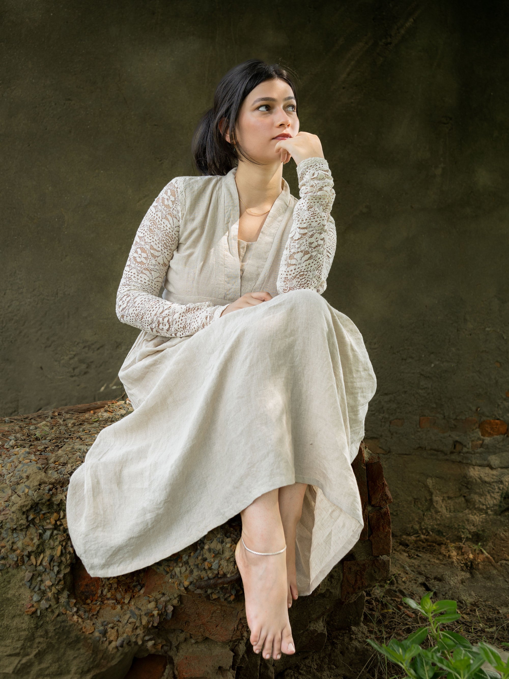 Beige Linen V-Neck Dress with Lace Sleeves — Vintage Cottagecore Maxi –  Burrow