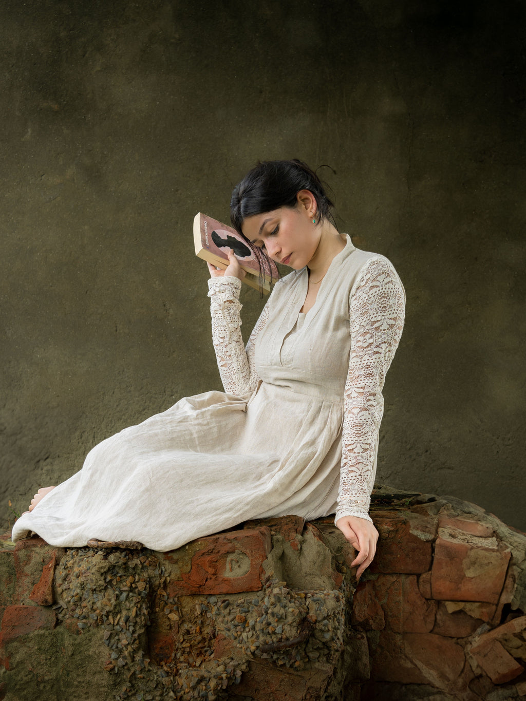 Beige Linen V-Neck Dress with Lace Sleeves — Vintage Cottagecore Maxi