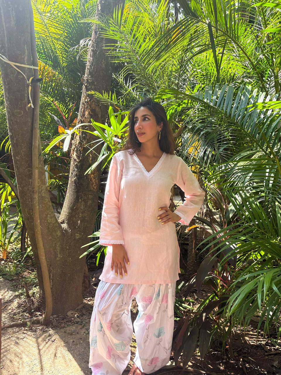 Farshi Salwar Set with Thread Work Cotton Bottom & Short Linen Kurti