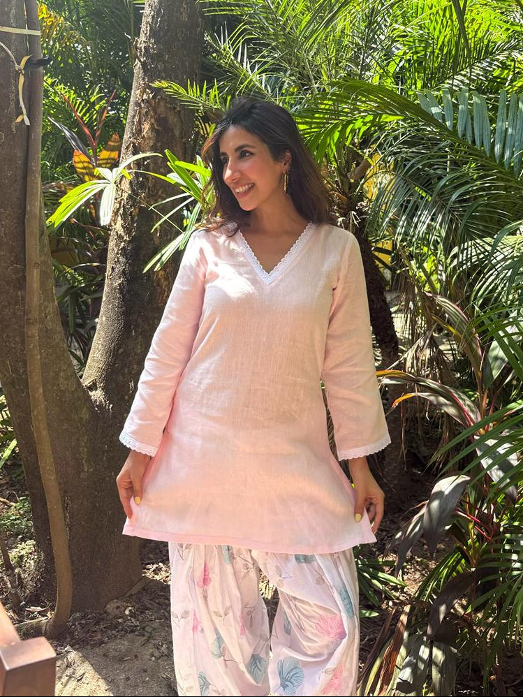 Farshi Salwar Set with Thread Work Cotton Bottom & Short Linen Kurti