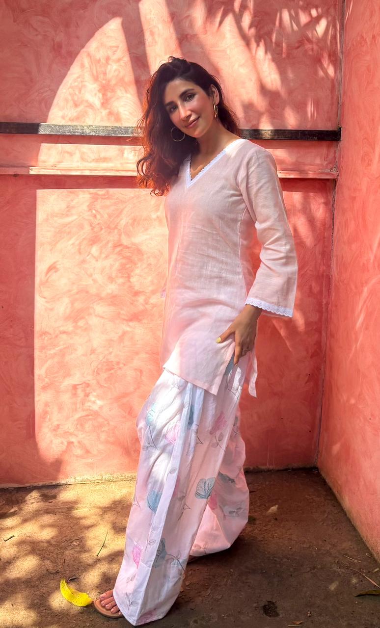 Farshi Salwar Set with Thread Work Cotton Bottom & Short Linen Kurti